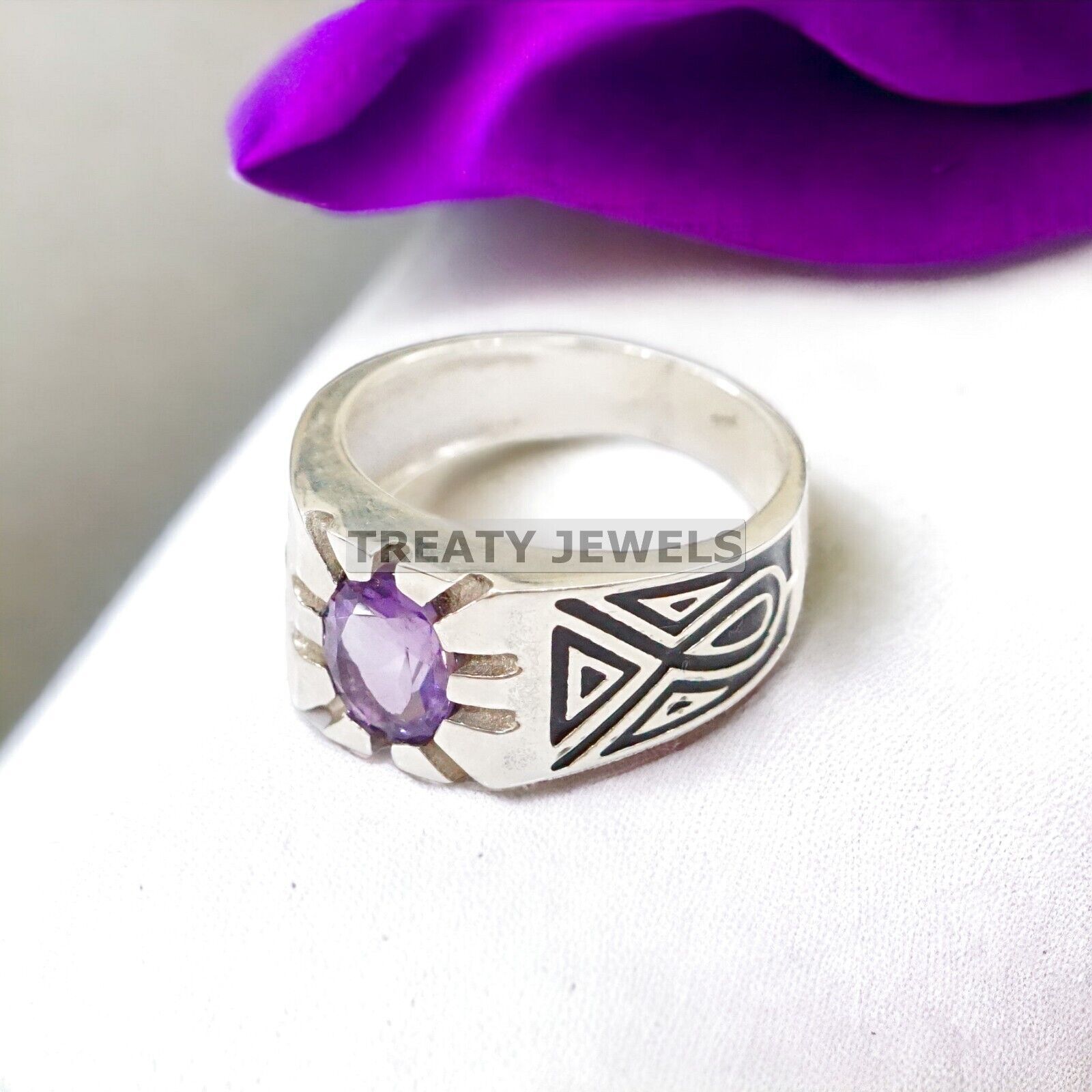 Alexandrite Round Cut Gemstone With 14K Solid White Gold Ring For Men's #54