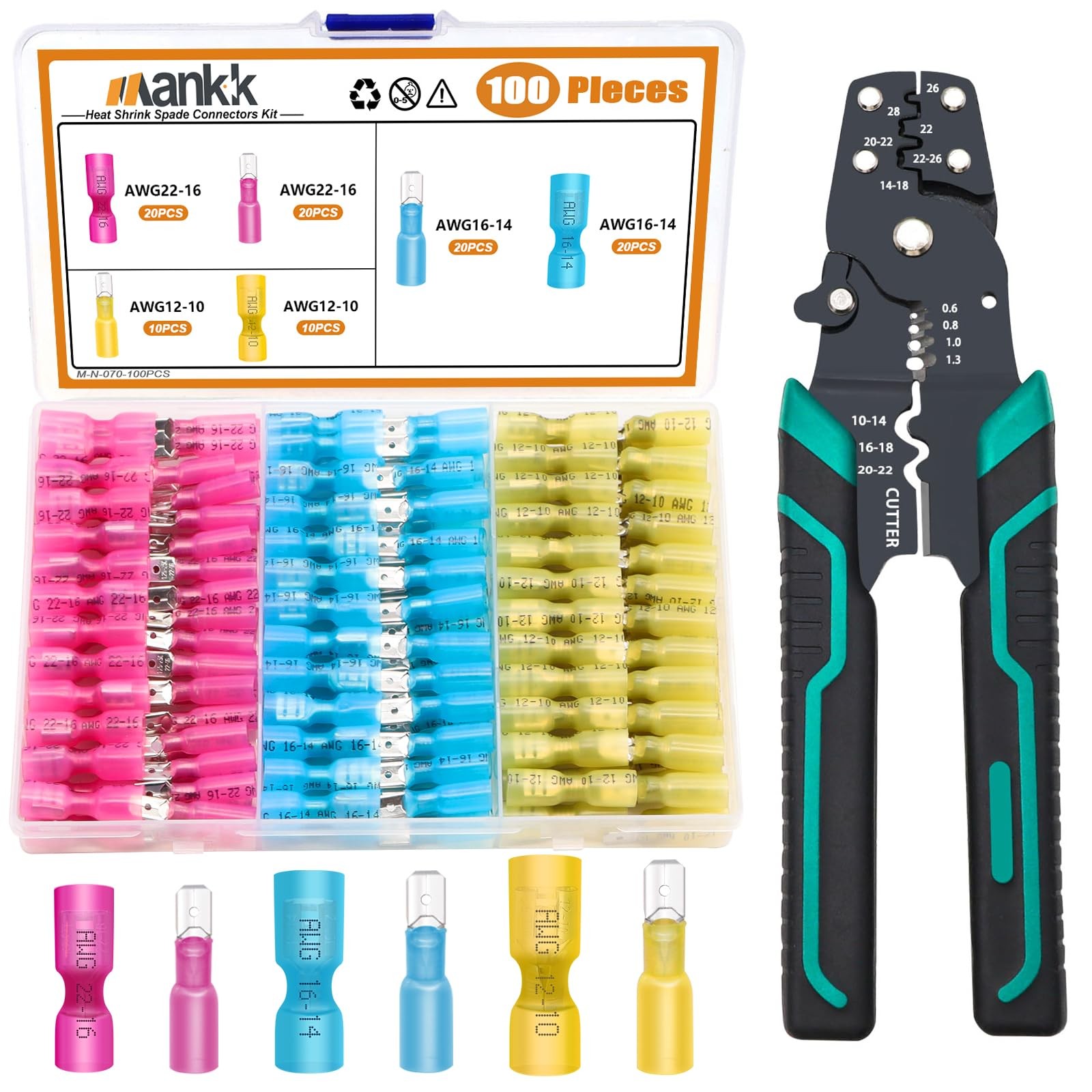 100PCS Heat Shrink Spade Connectors Kit with Crimping ToolAWG 22-10 Electrica...