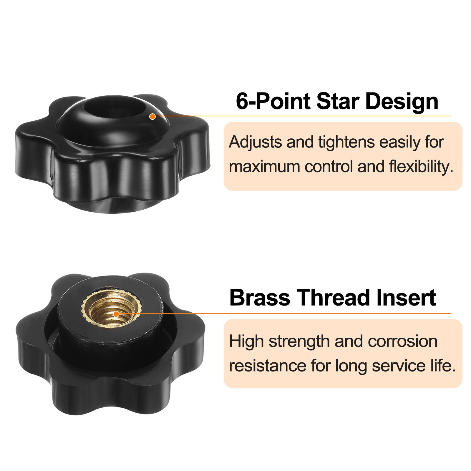 6Sets Star Knobs M6 Thread 25mm Head Through Hole Brass Insert Hand Knob Black