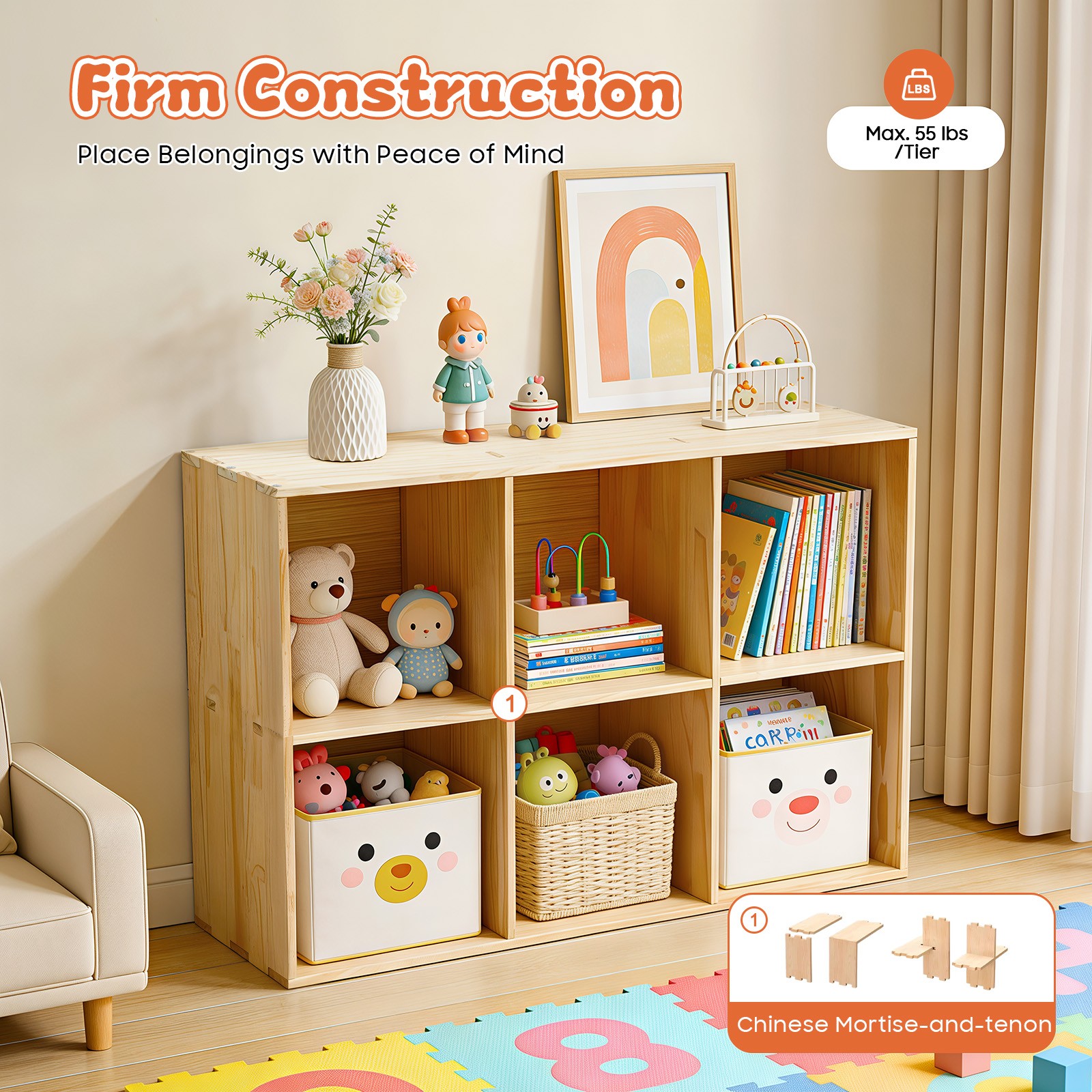 Solid Wood Bookcase with 6 Cubes - Stylish Storage & Elegant Design