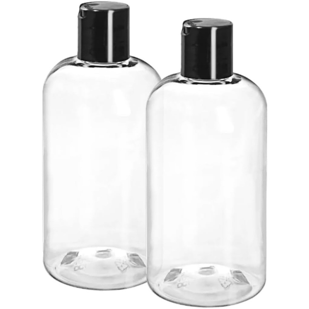 Clear Plastic Empty Bottles 8 oz with Black Disc Top Caps, Squeezable Refillable