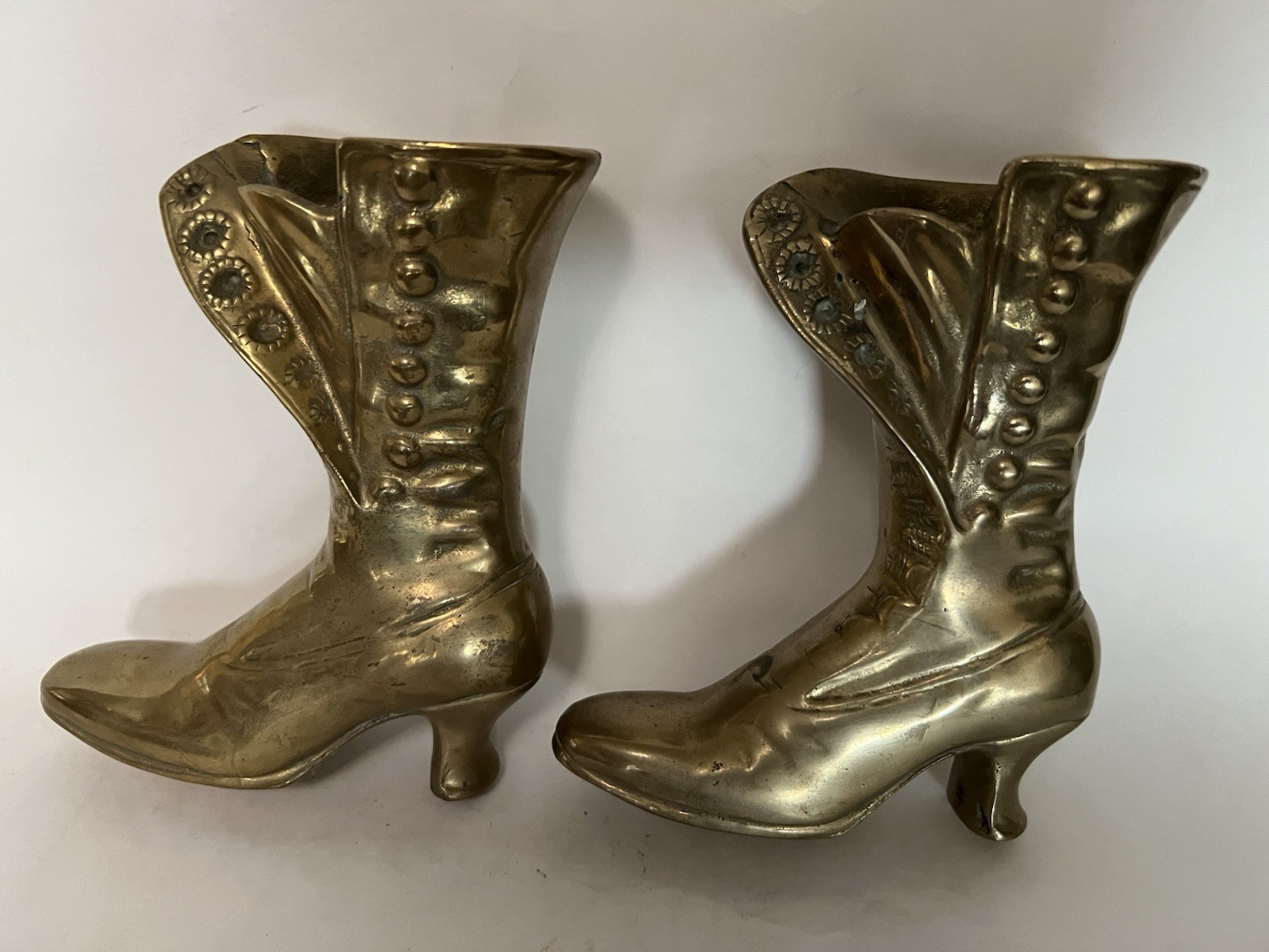 Vintage Brass Victorian Button Boot Decor Shelf Display Flower Vase 6"H Pair
