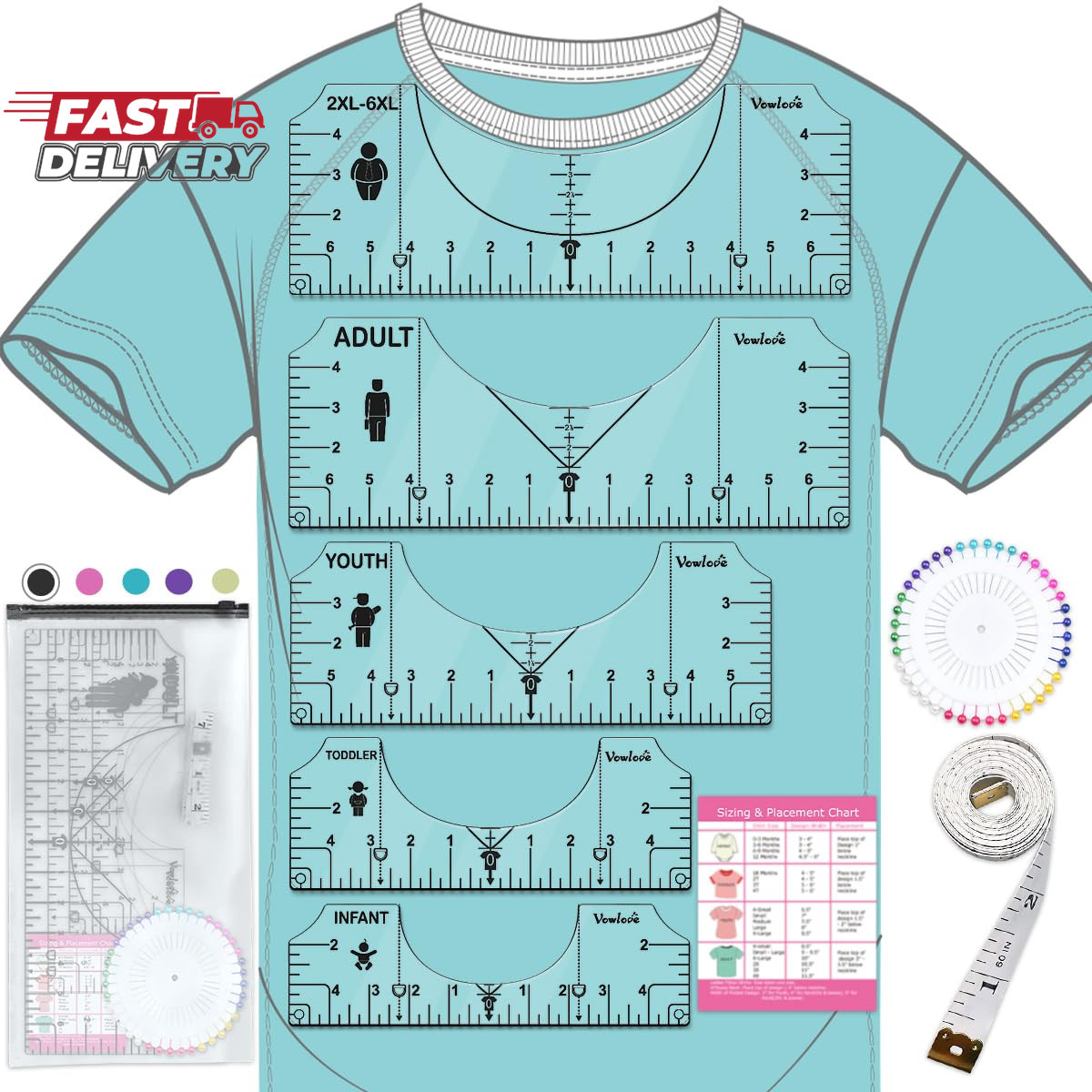 Vowlove T-Shirt Ruler for Precise Alignment, Center & Left Chest Placement Tool