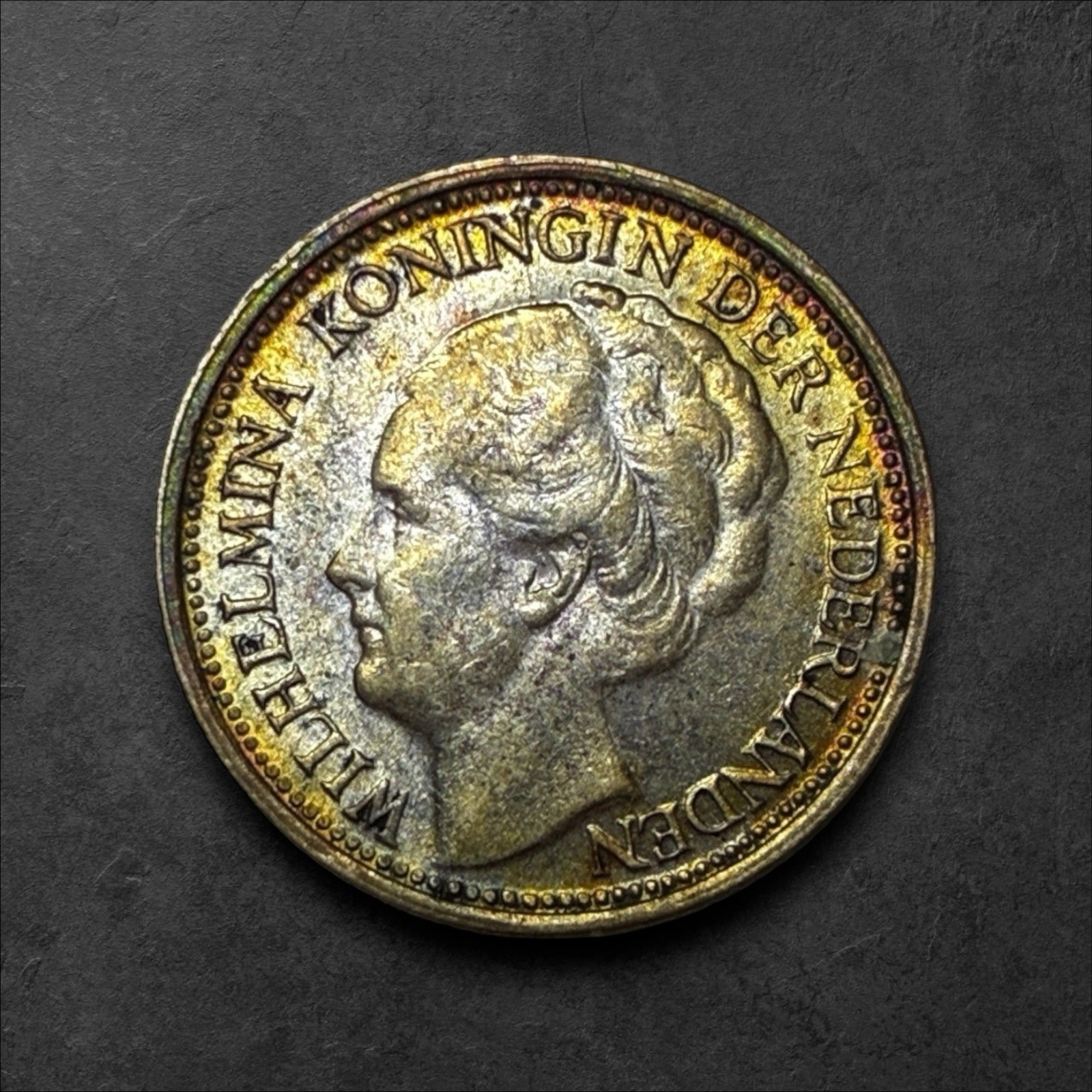 1947 🇨🇼 Curacao 1/10 Gulden, Nice Toning 64% Silver, Free Shipping!