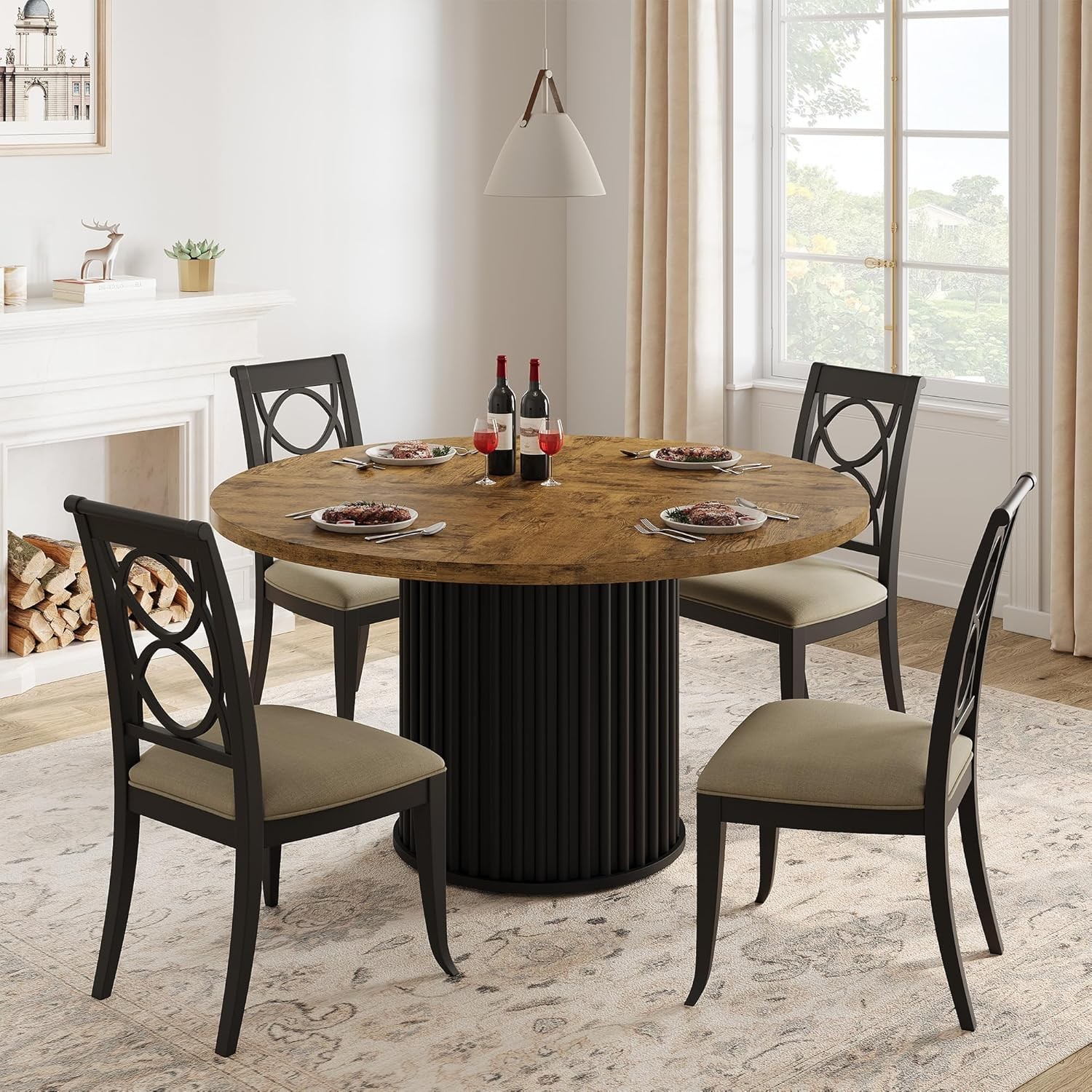 Round Dining Table 47", Wooden Kitchen Table Waveform Metal Base for Apartment