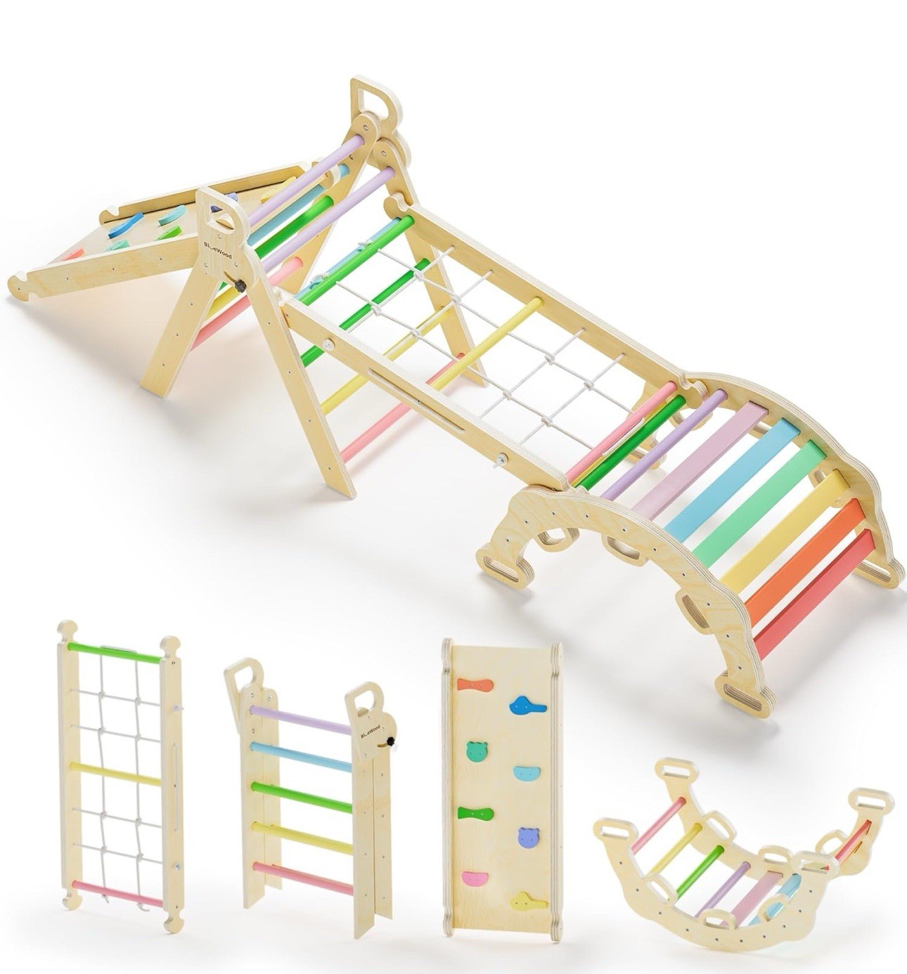 BlueWood 2024 8-in-1 Pikler Triangle Climbing Set Toddler Toys Indoor, Rainbow