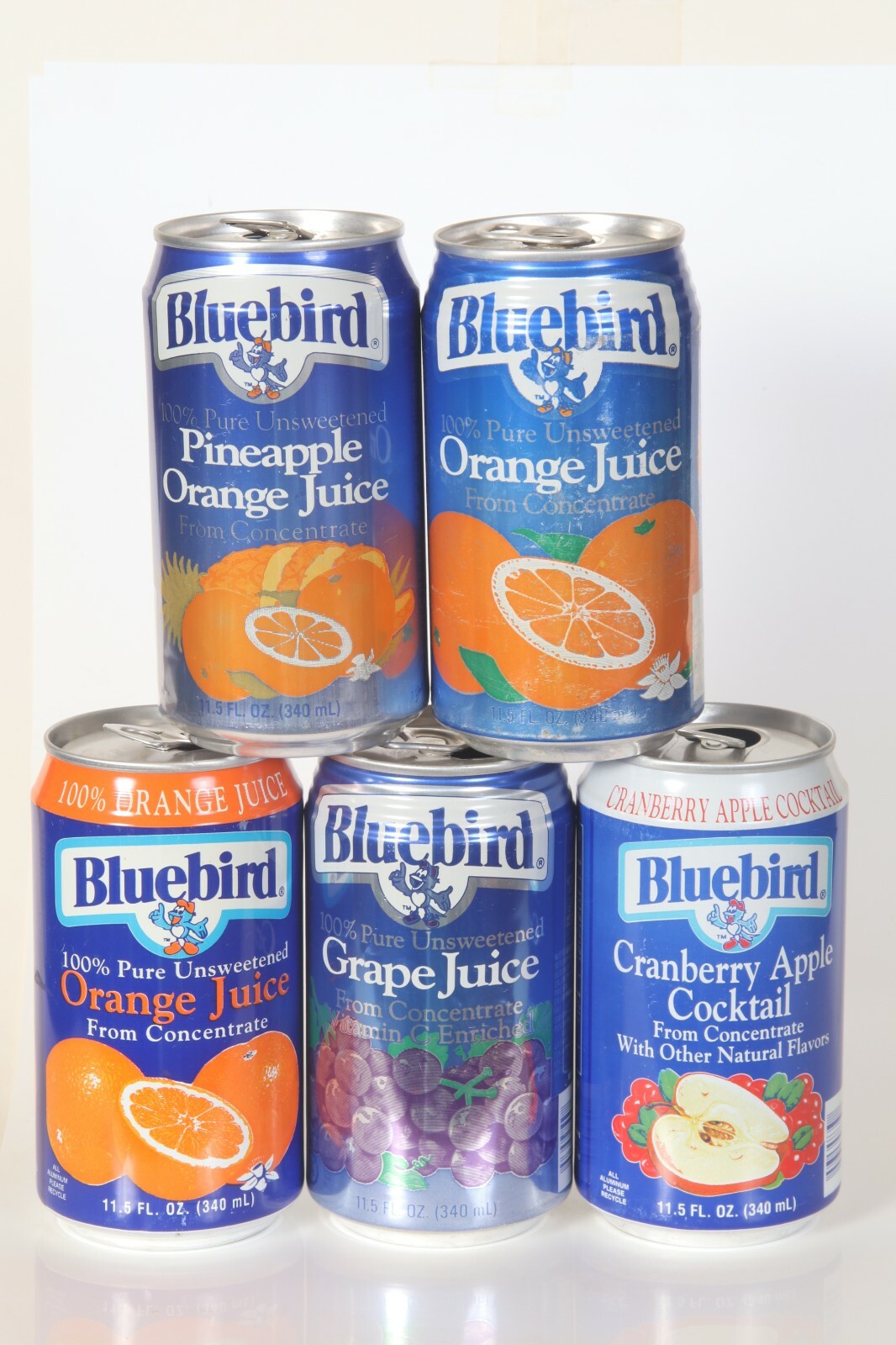 5 Blue Bird Juice Soda cans
