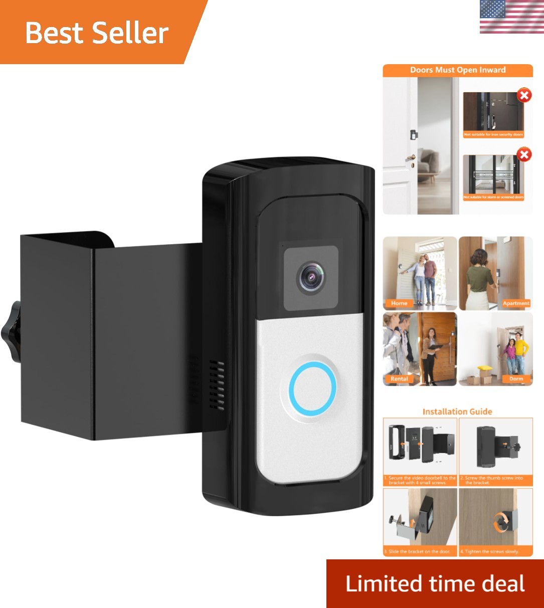 Easy Install Anti-Theft Video Doorbell Mounting Bracket for Rentals & Homes