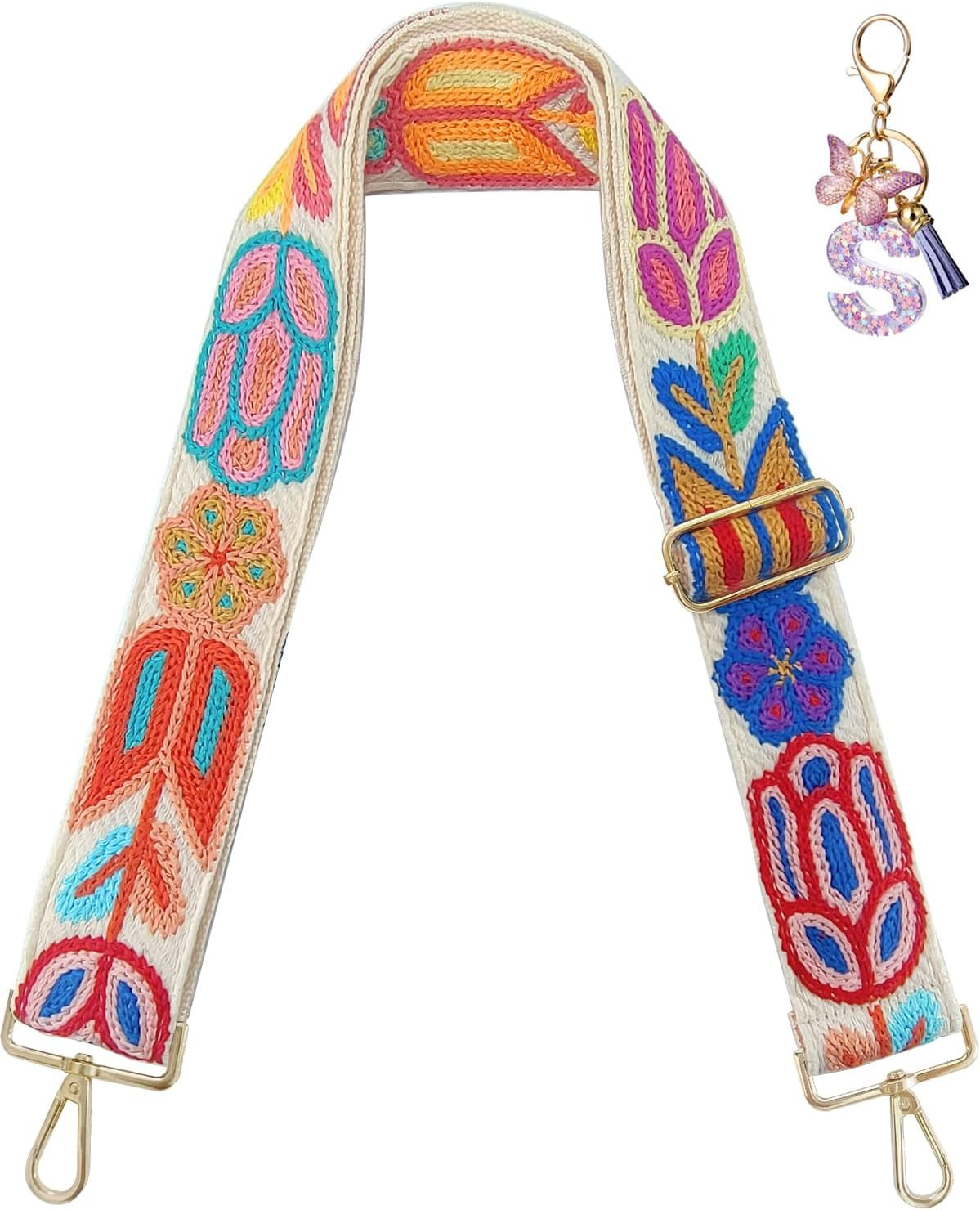 Embroidery Flower Purse Strap Replacement Crossbody 2 Inch Wide with Letter S Ke