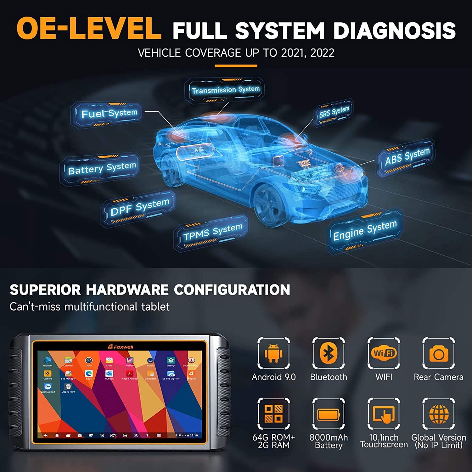 10 inch Tablet Bi-directional OBD2 Scanner Car Diagnostic Tool ECU Coding Key