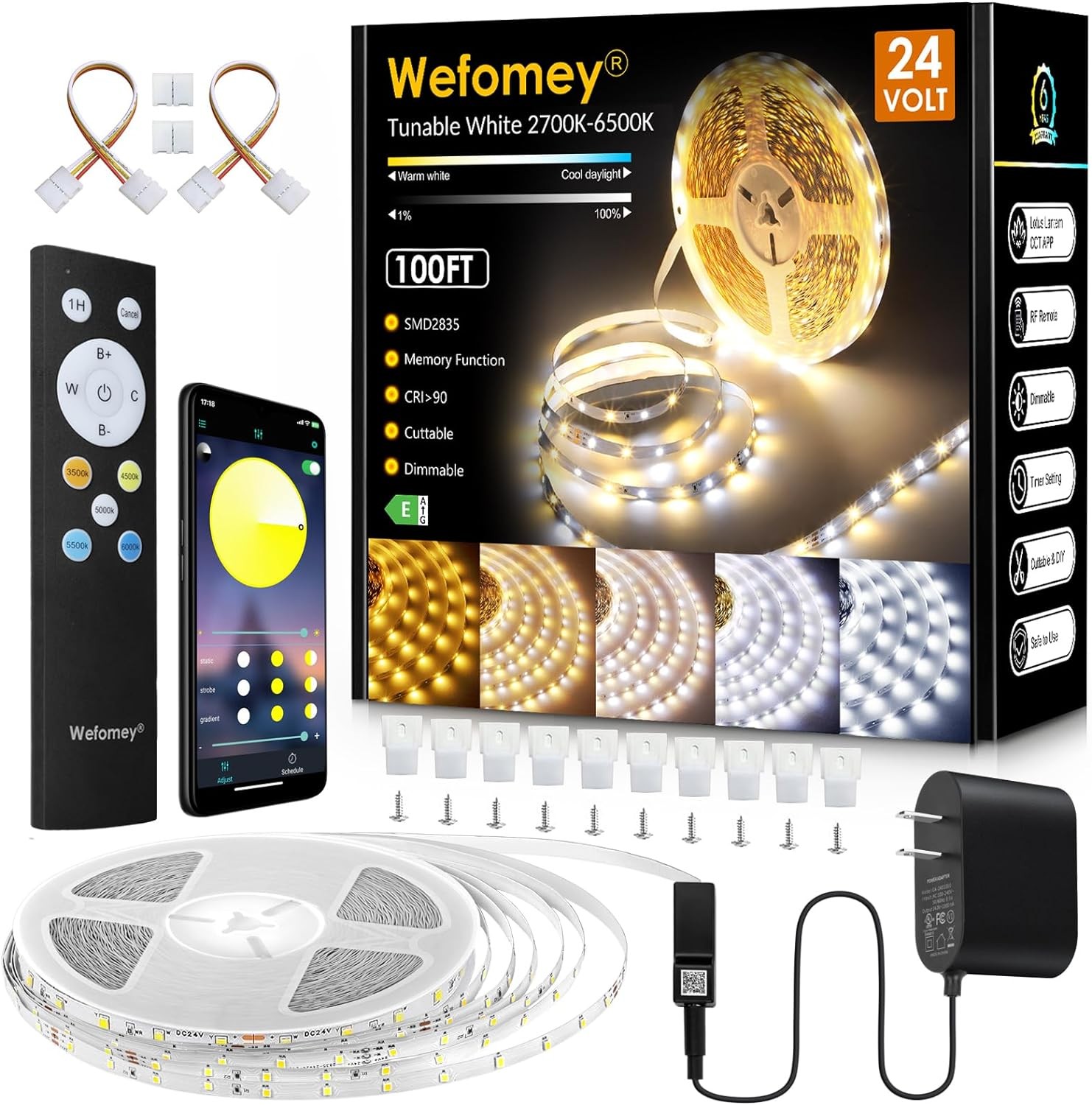 White LED Strip Lights, 100ft Dimmable Bright 24V Led Tape Light with Remote and