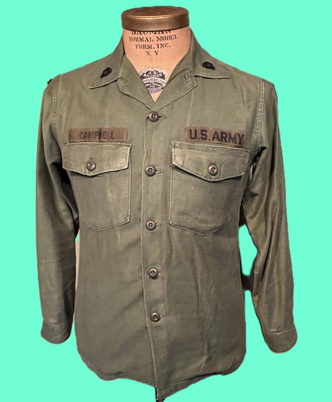 Vintage 80s90s US Army Gulf War Era Olive Green Cotton LS Shirt 15-1/2 Chest 42