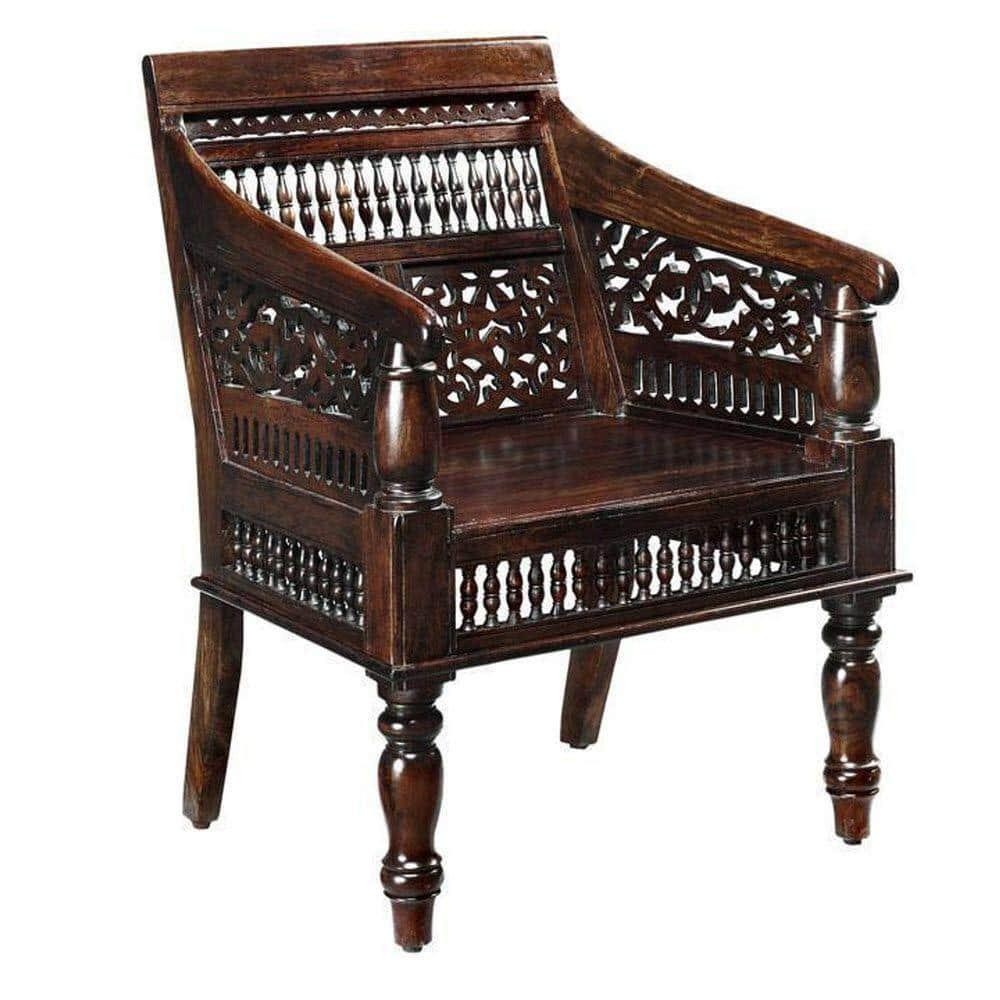 Maharaja Walnut Brown Wood Hand-Carved Arm Chair