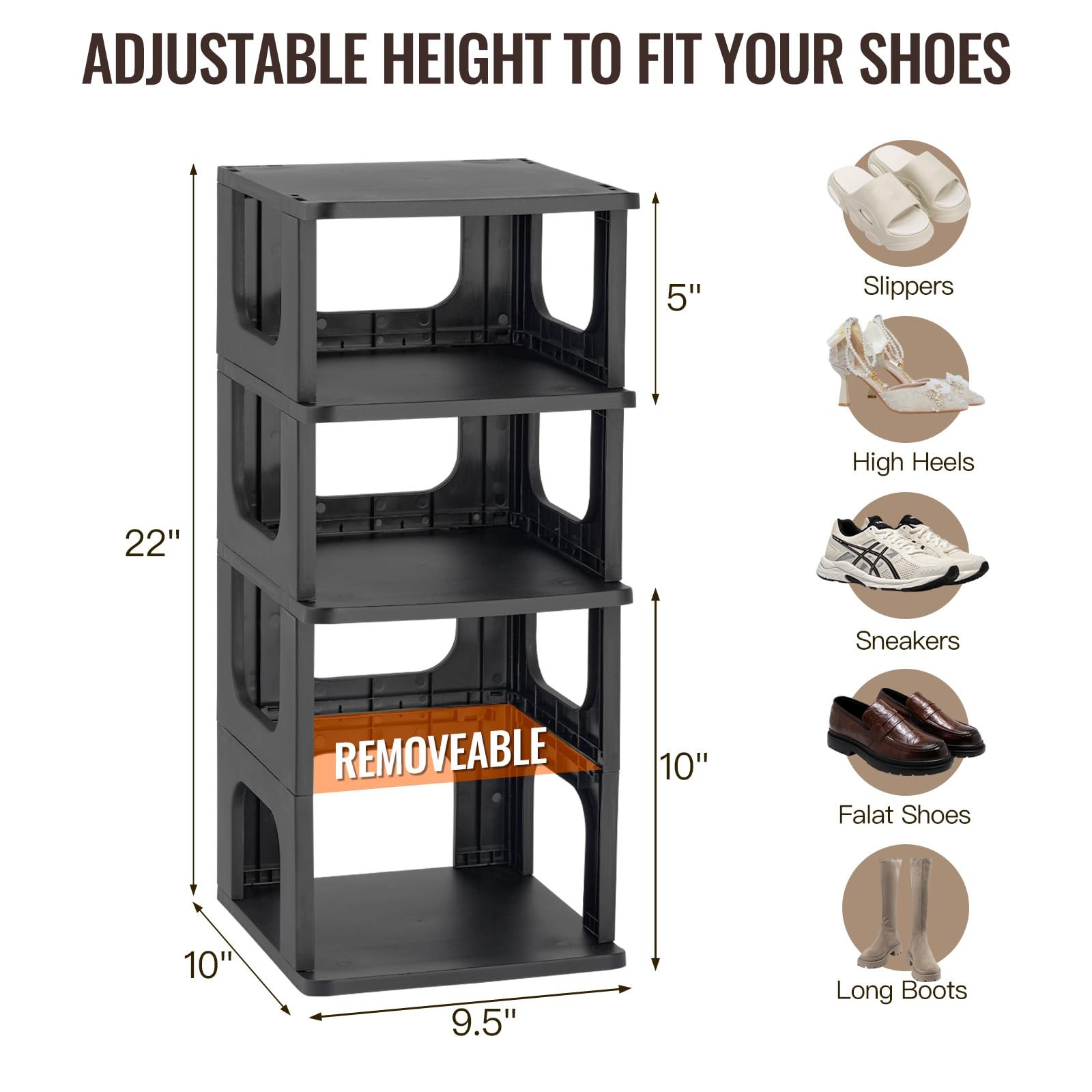 TRZZ 5-Tier Small Shoe Rack, Vertical Narrow Stackable 5-Tier-9.5"L, Black