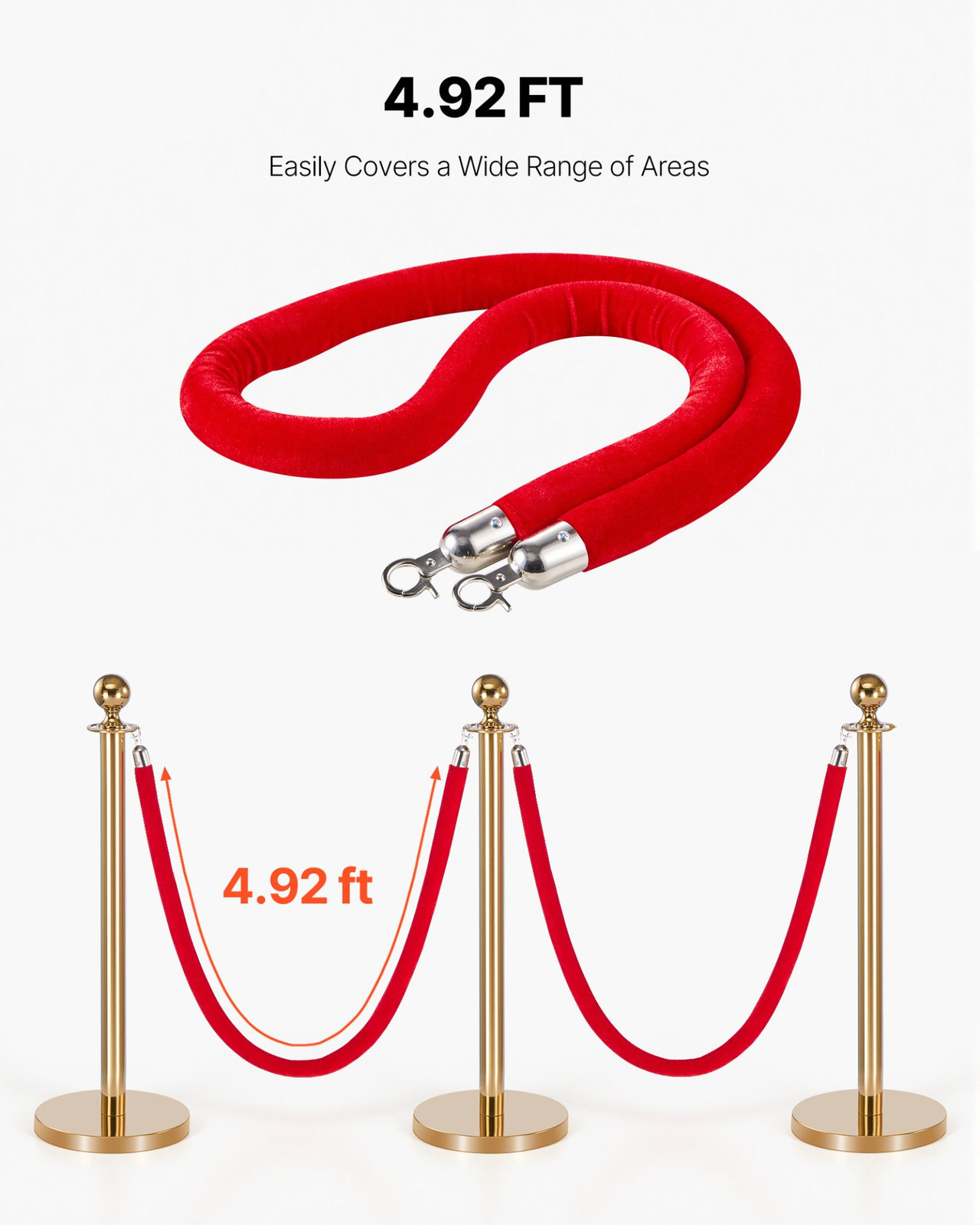 2PCS Red Velvet Stanchion Ropes 5ft Crowd Control w/ Silver Hooks
