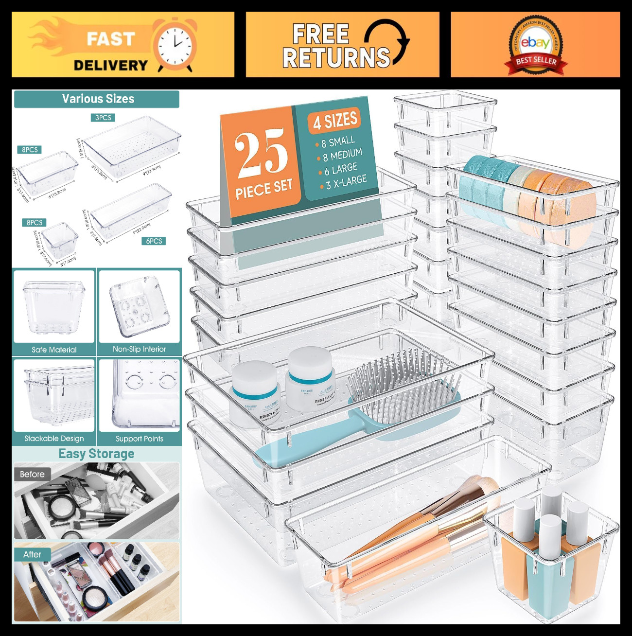 25 PCS Clear Plastic Drawer Organizers - Makeup, Jewelry & Gadget Storage Bins