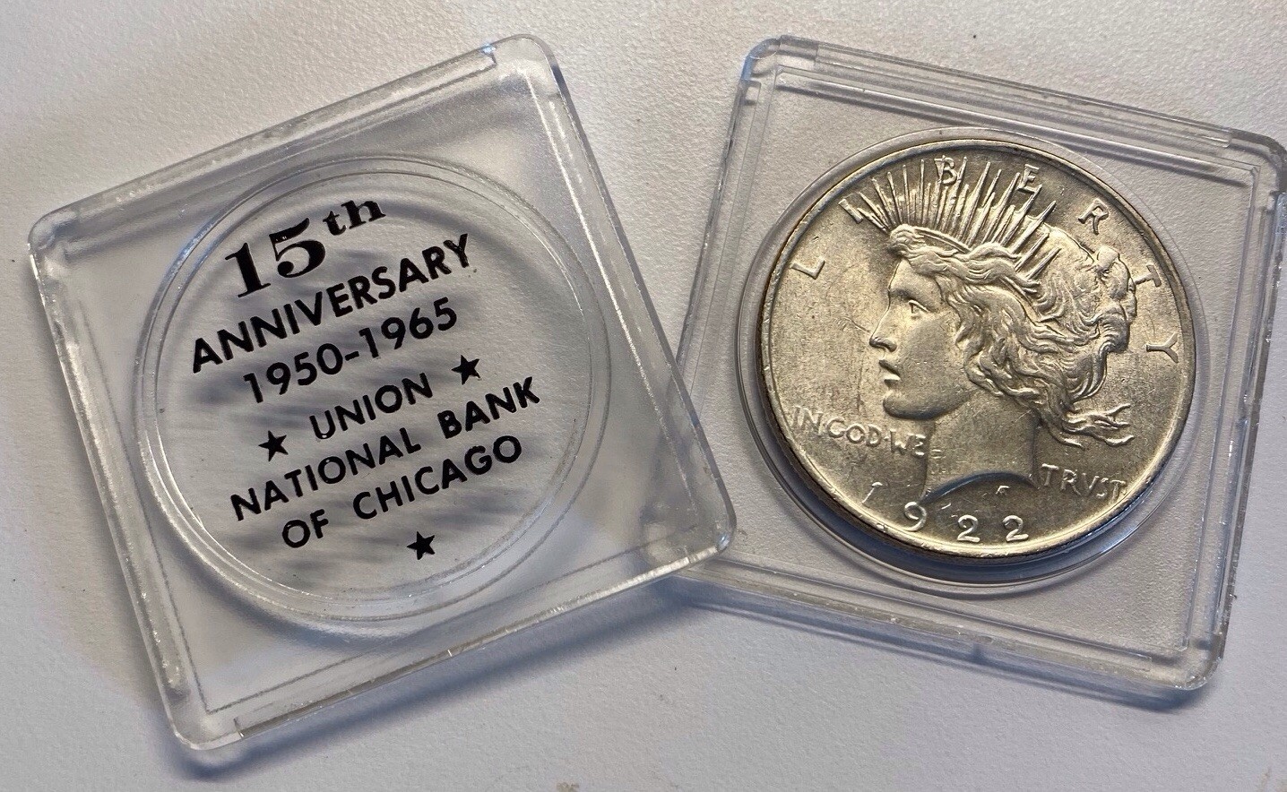 1922 PEACE DOLLAR 15th ANNIVERSARY 1950 - 1965 UNION NATIONAL BANK CHICAGO PROMO