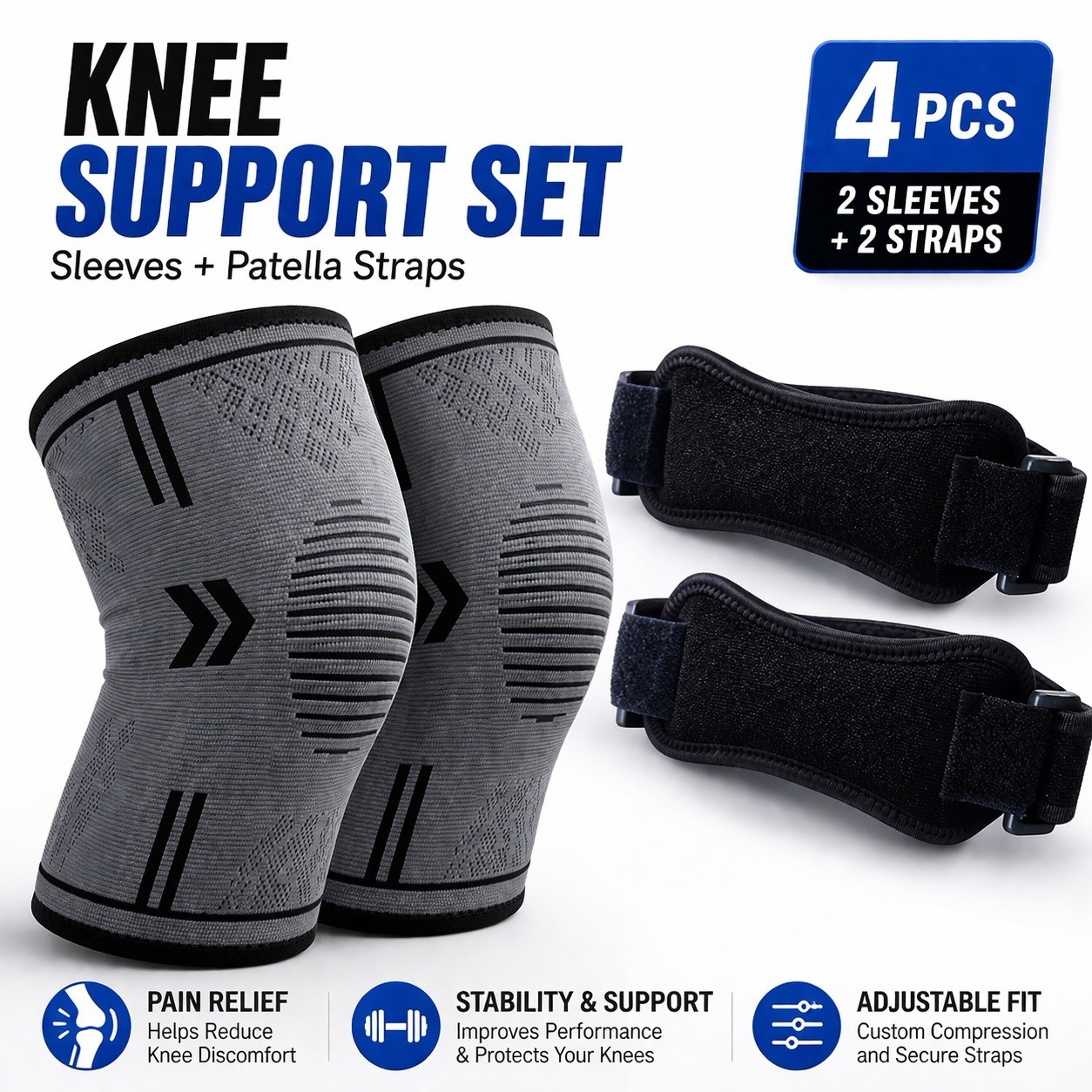 4 Pack Set Knee Sleeves with Patella Straps Compression Support Brace Relief
