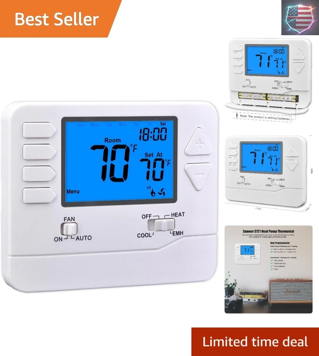 Non-Programmable Heat Pump Thermostat for Home up to 2 Heat and 1 Cool