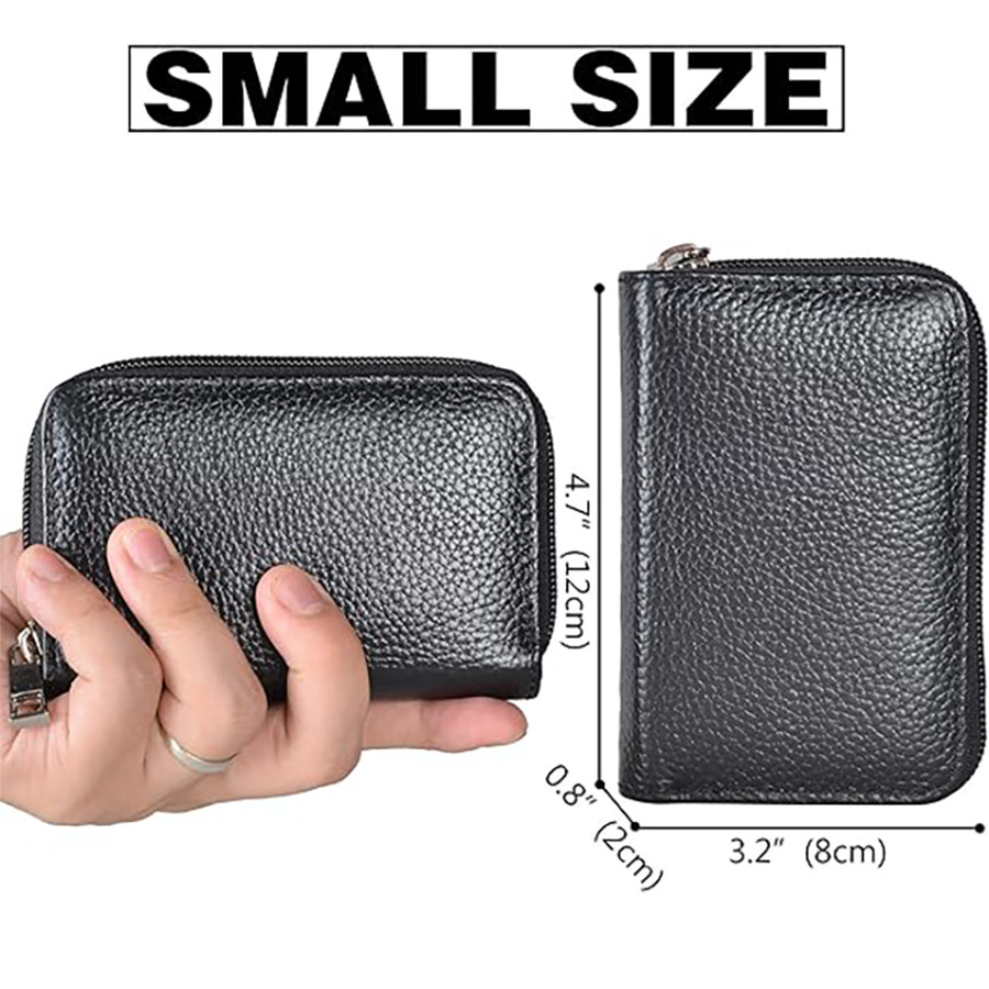 Compact Genuine Leather Zipper Wallet – RFID Blocking Secure Card Organizer
