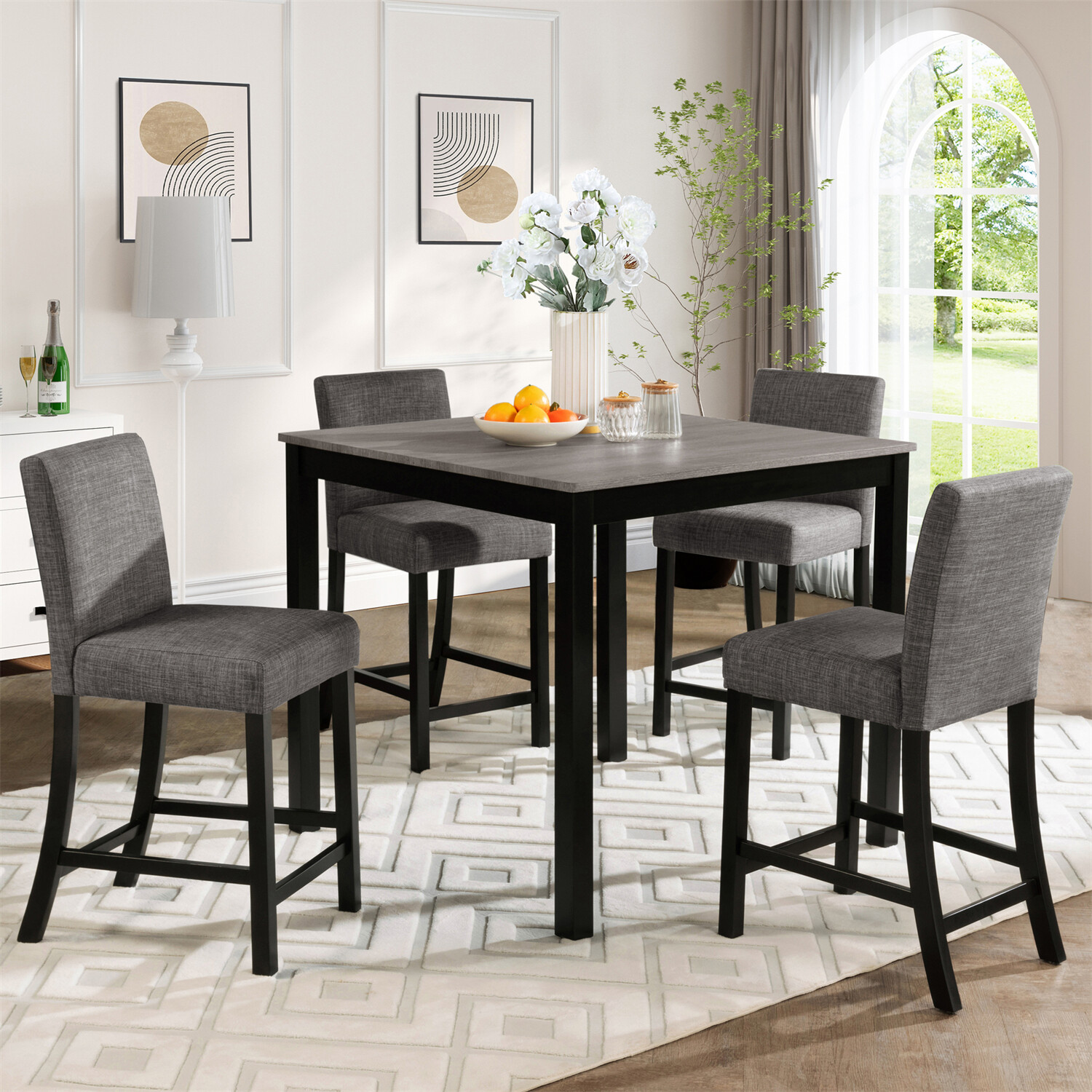 5 Piece Dining Table Set Wooden Dining Table with 4 Upholstered Chairs