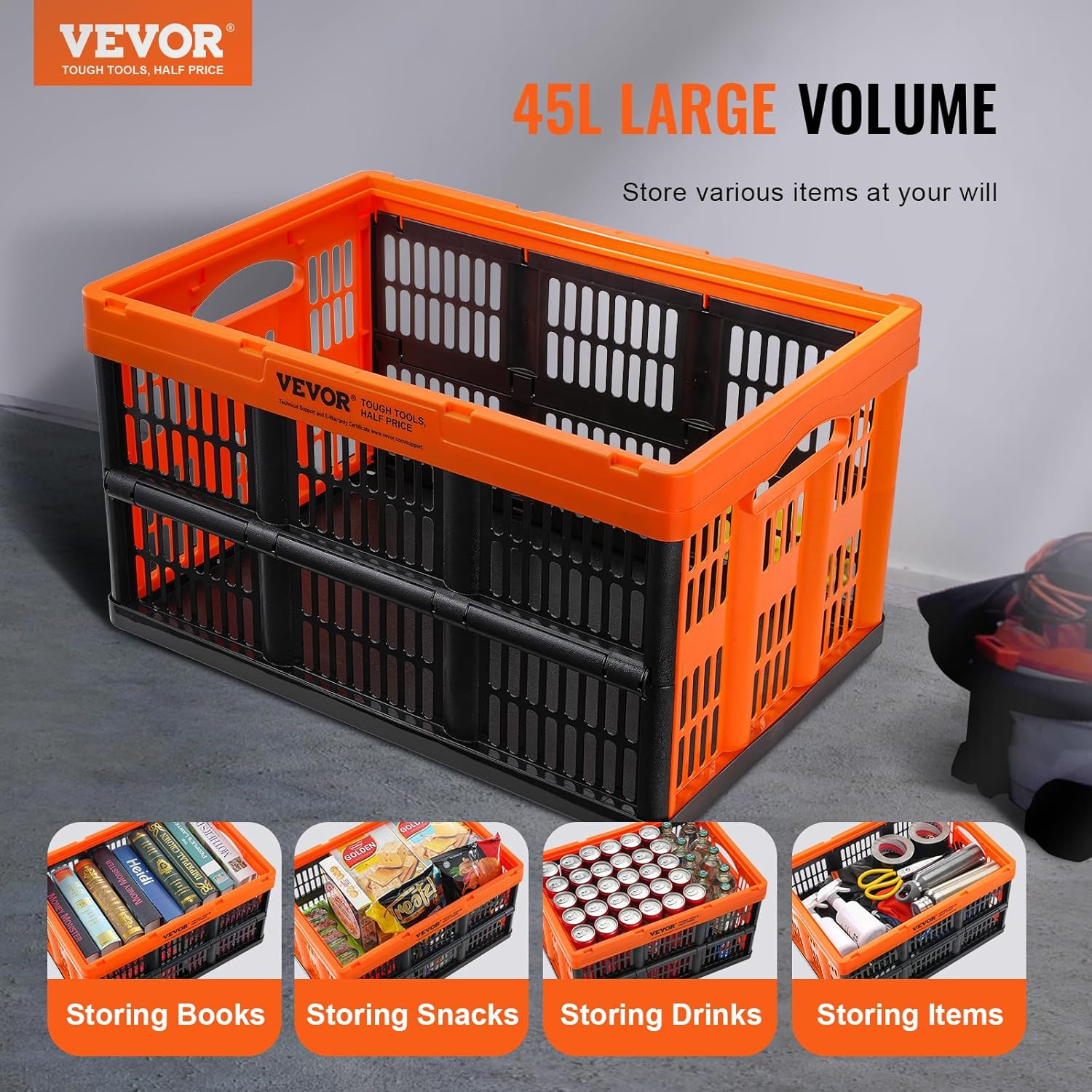 45L Collapsible Milk Crates 3 Packs, Stackable Storage Baskets with Handles, Fol