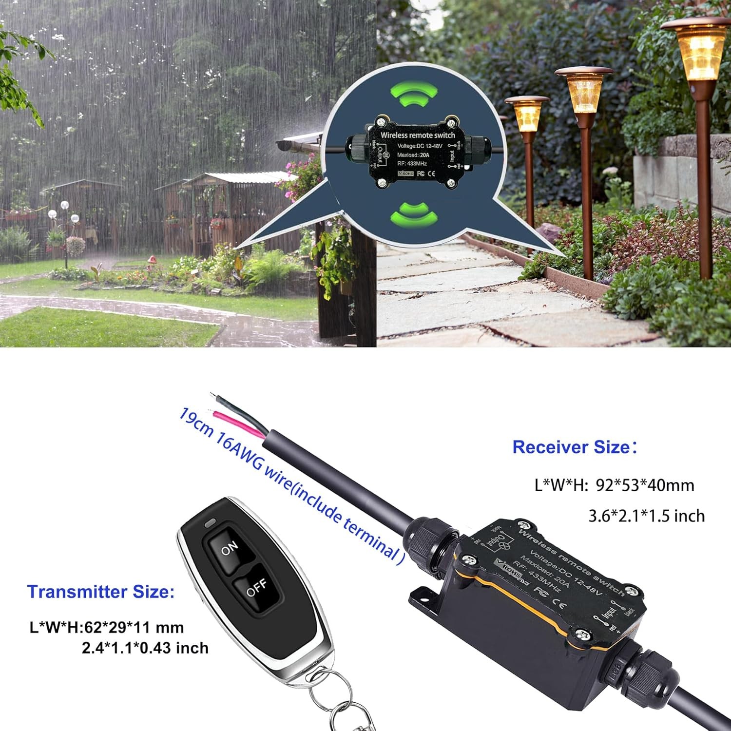 DC 12V/24V/48V Waterproof Wireless Remote Control Switch 433MHz 20A RF Relay Rec