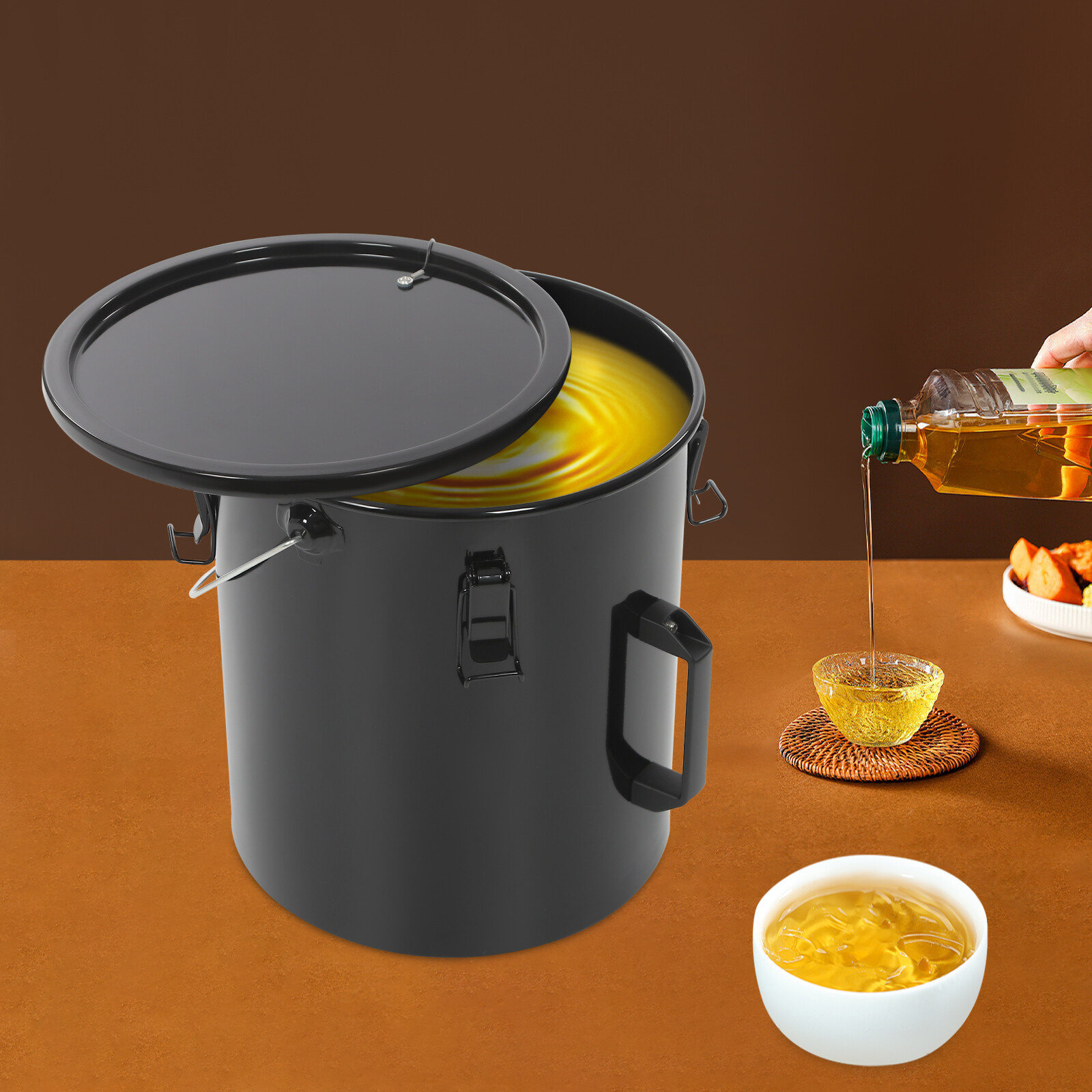 6 Gallon Fryer Oil Bucket with Lid Black Grease Disposal Oil Bucket+Filter Bag