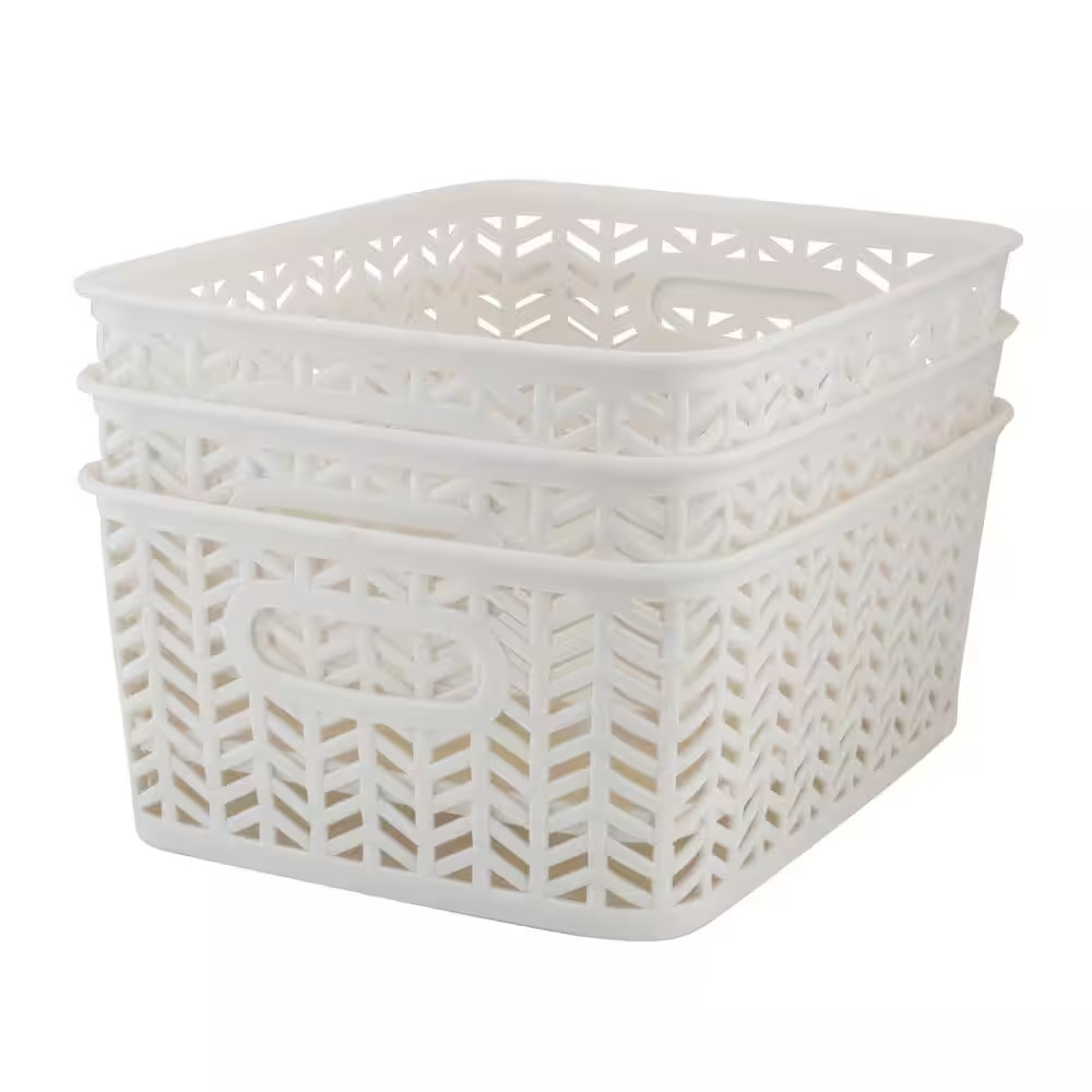 3 Pack Small Herringbone Cube Storage Bin Basket in White