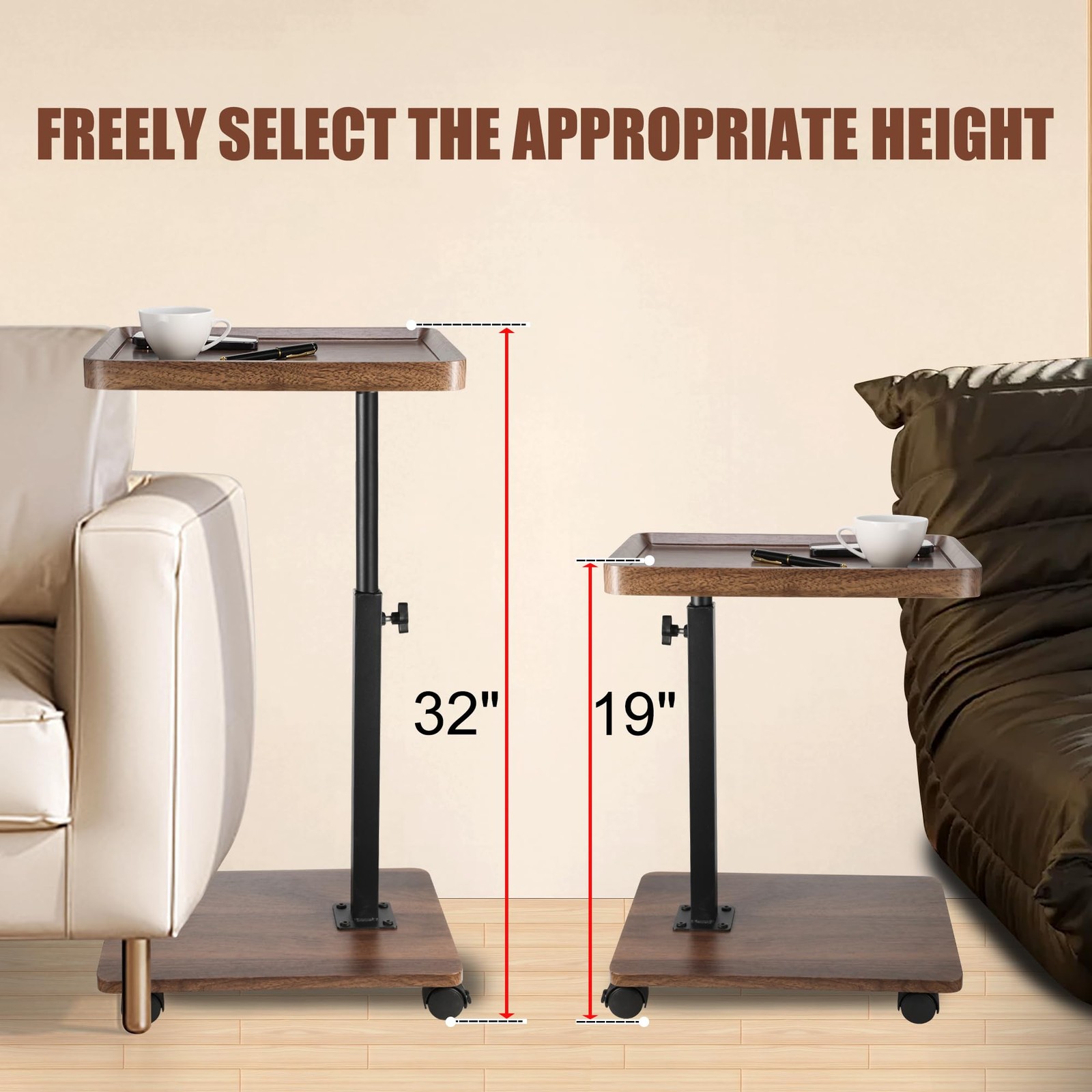 Dozesheep C Shaped End Table for Couch, Adjustable C 16" x 12" x 34", Brown