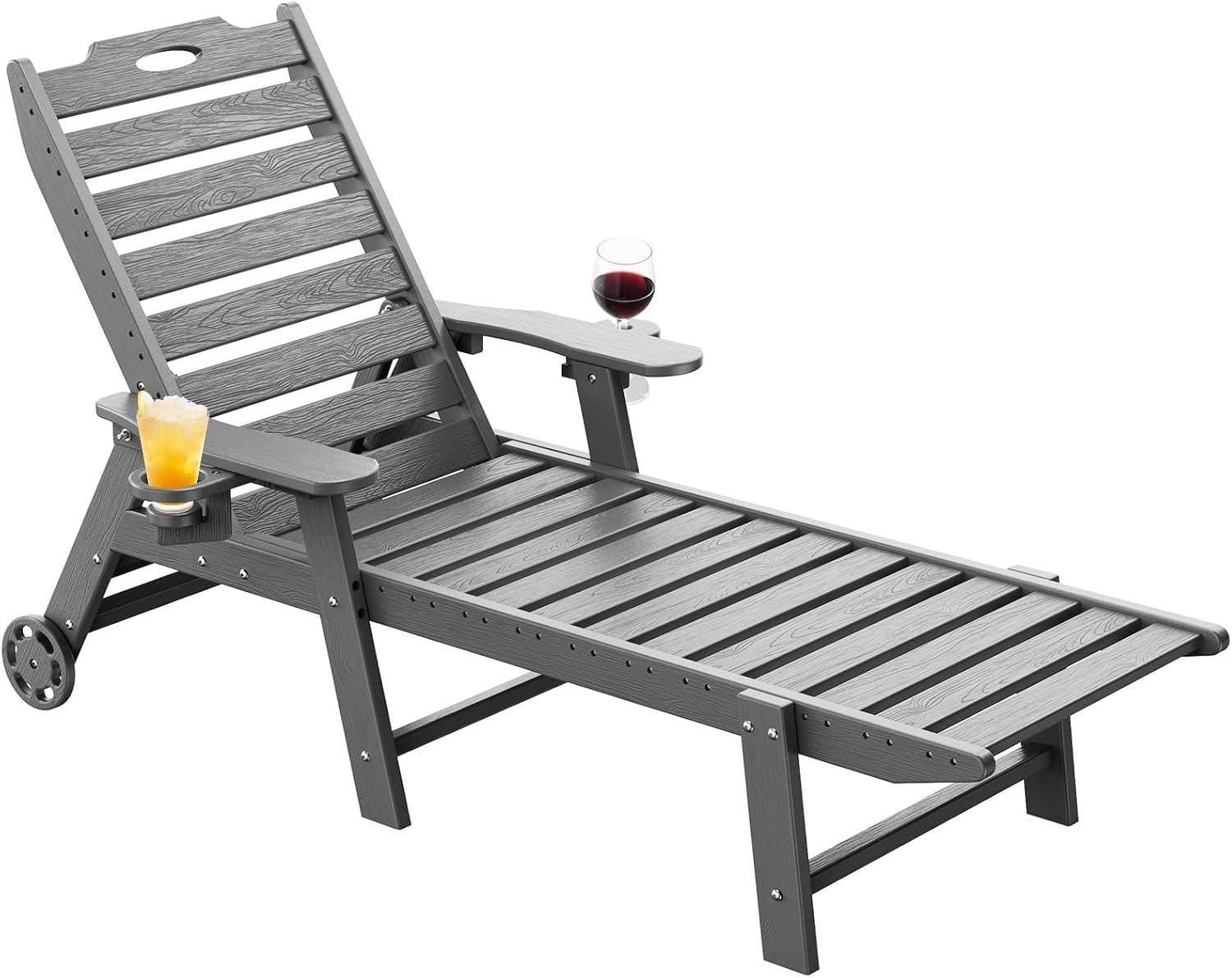 Grey Adjustable Outdoor Lounge Chair with Wheels & Cup Holders