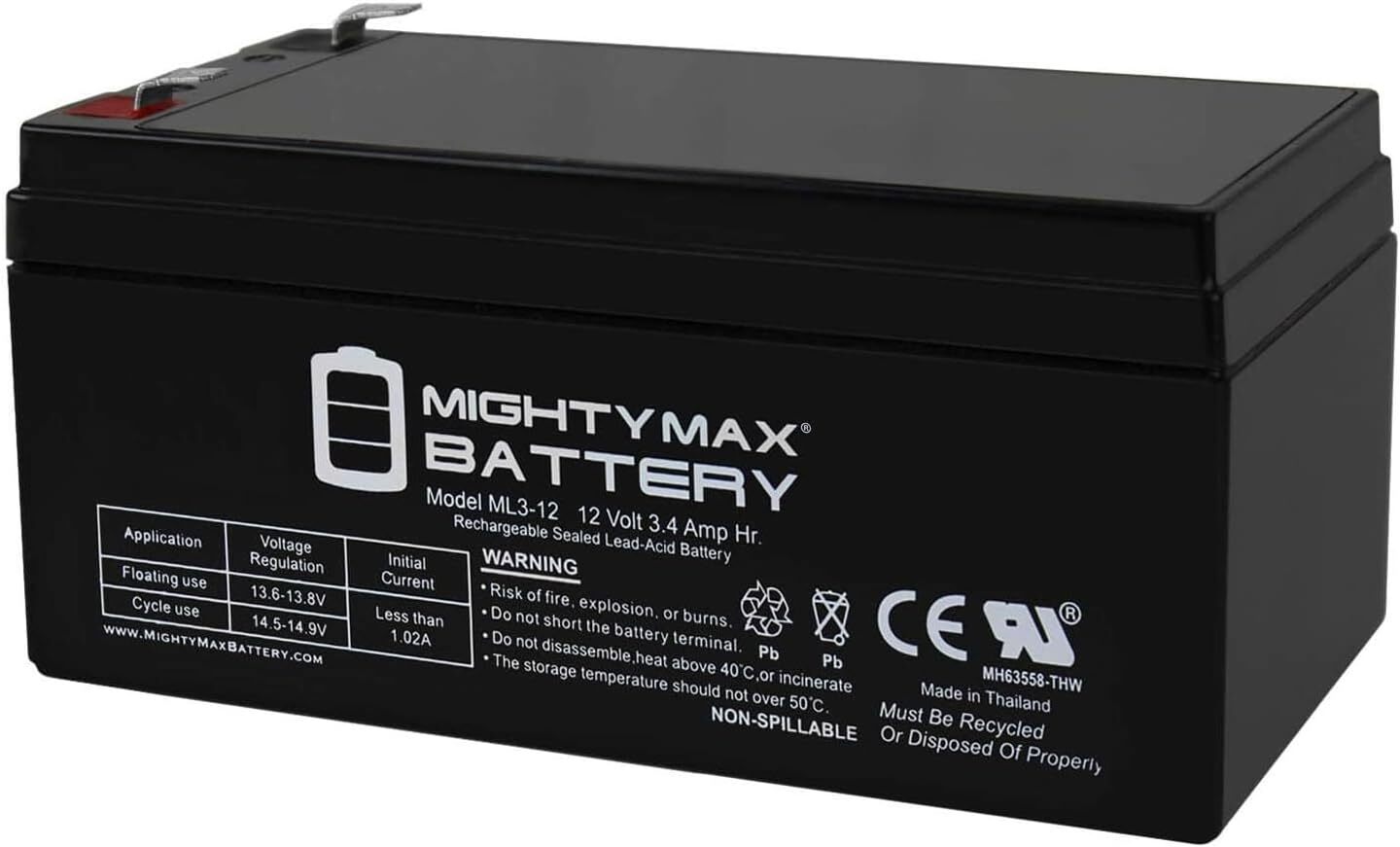 Mighty Max ML3-12 - 12 Volt 3 AH F1 Terminal Rechargeable SLA AGM Battery