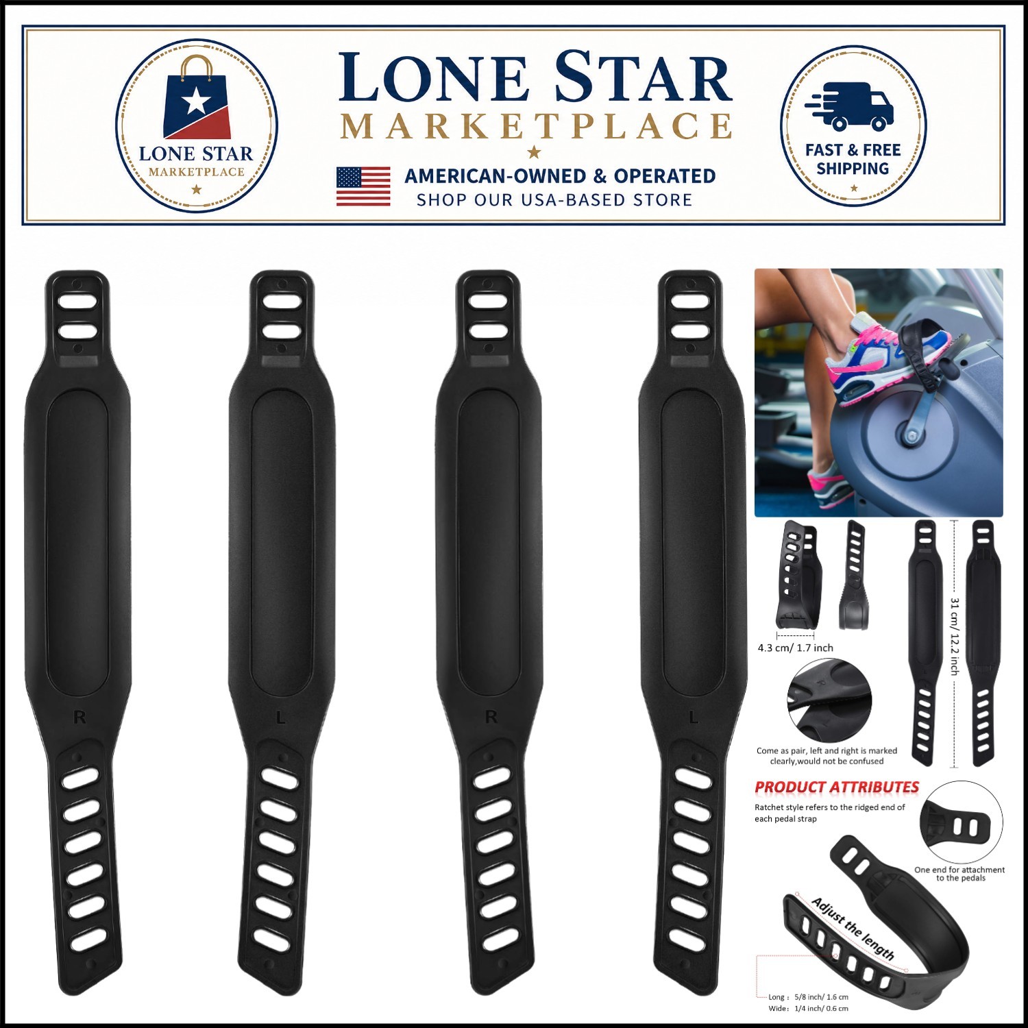 Secure and Adjustable Exercise Bike Pedal Straps - 1.7 x 12 Inch, 4 Count Set