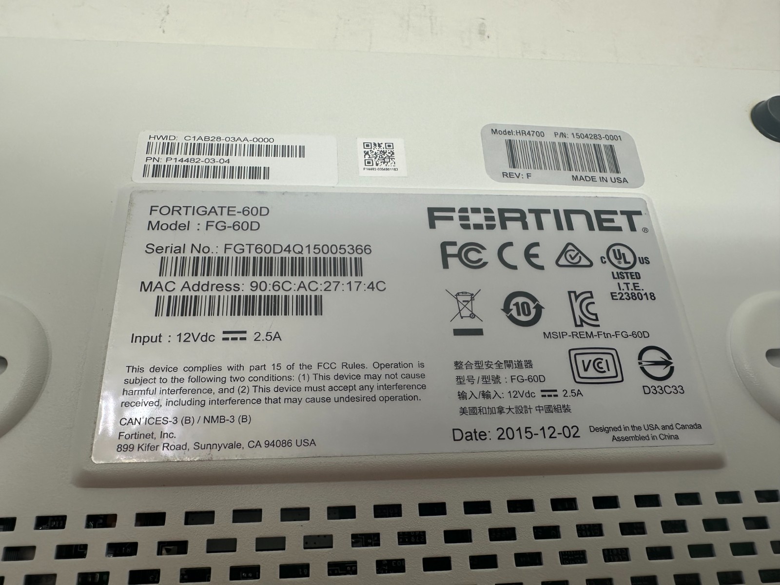 Hughes Fortinet Fortigate FG-60D Firewall Security Device