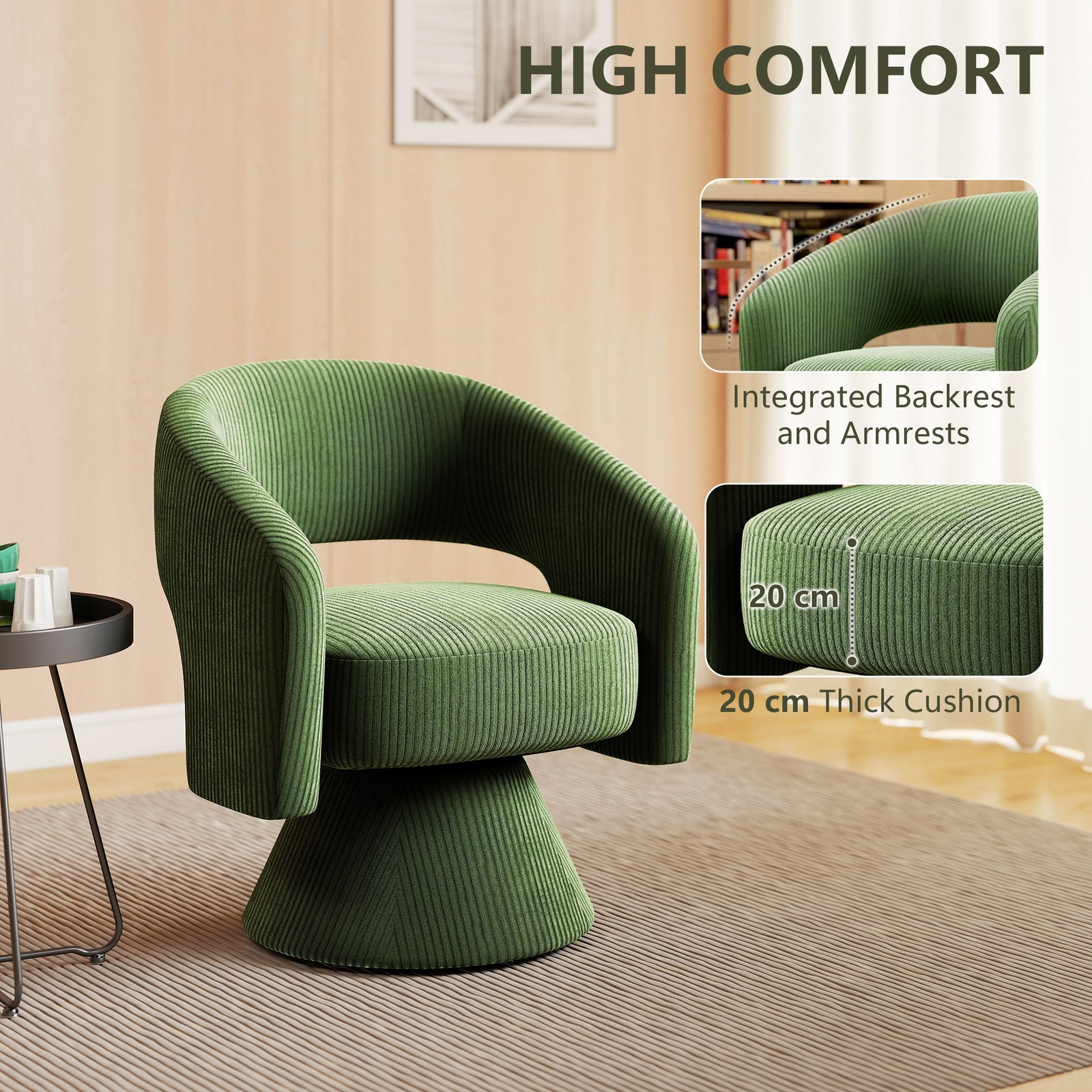Swivel Barrel Chair, Modern Corduroy Accent Chair with Thick Padding, Green