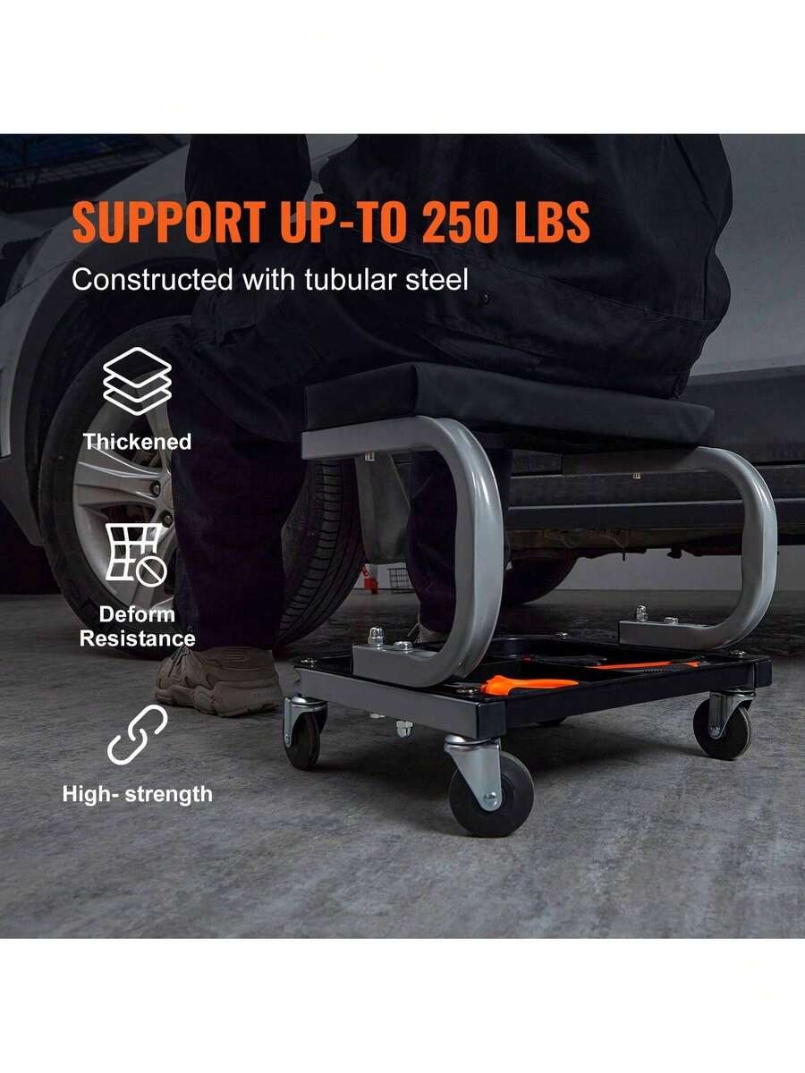 Black garage work stool with wheels, 250 lbs capacity, padded.