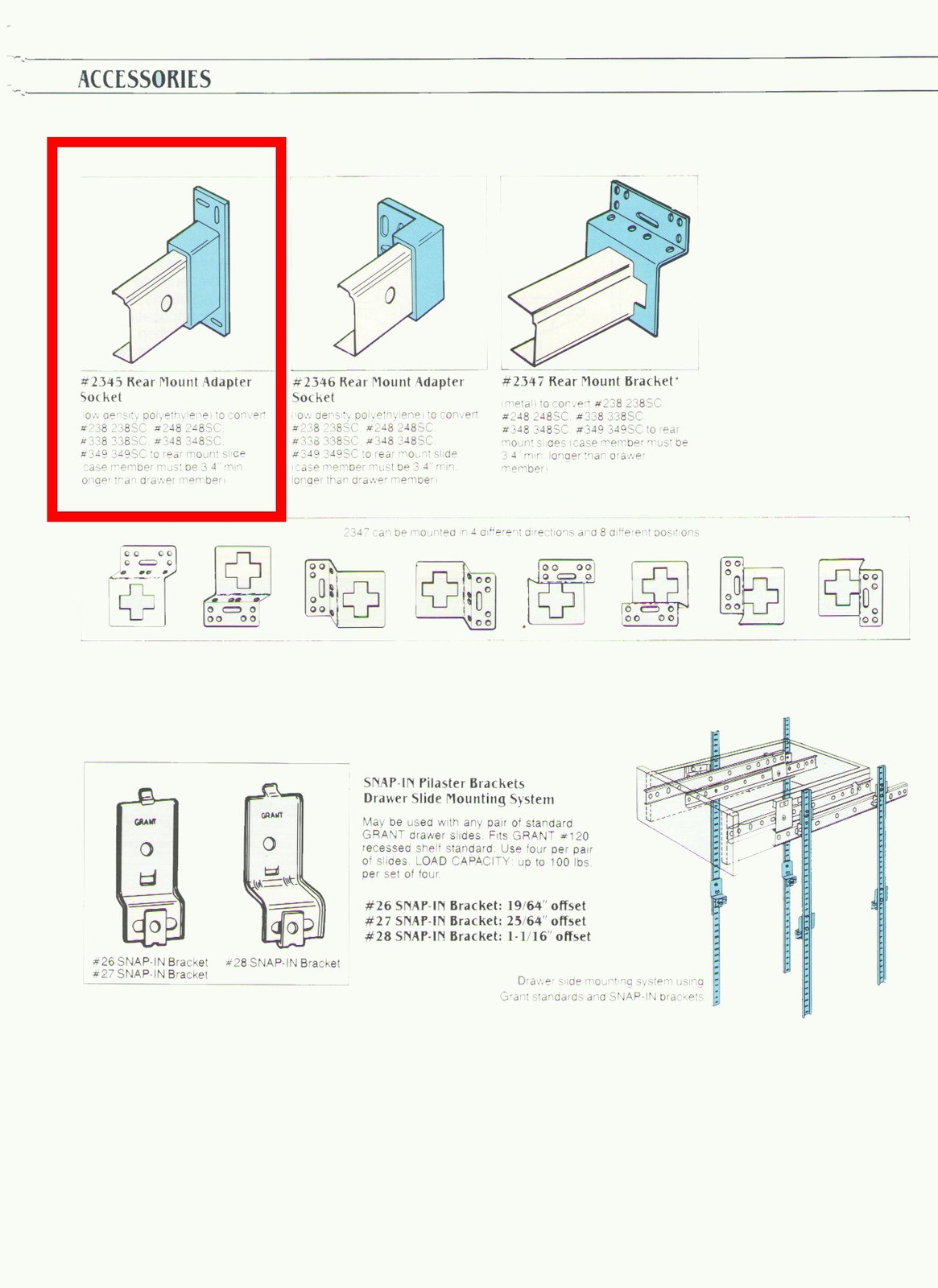 GRANT #2345 REAR-MOUNT DRAWER SLIDE ADAPTER SOCKET