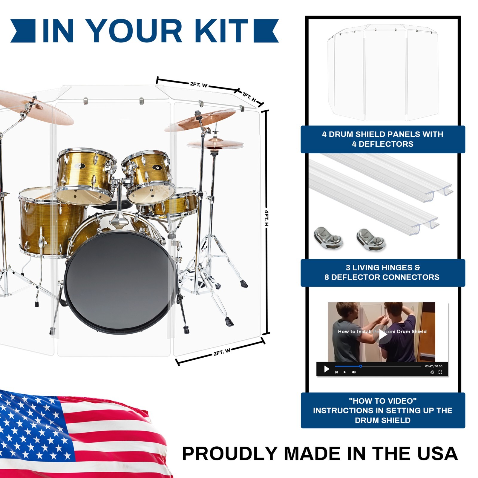Drum Shield, 2ft. x 4 ft. Drum Panels 4 Panels with Deflectors and Living Hinges