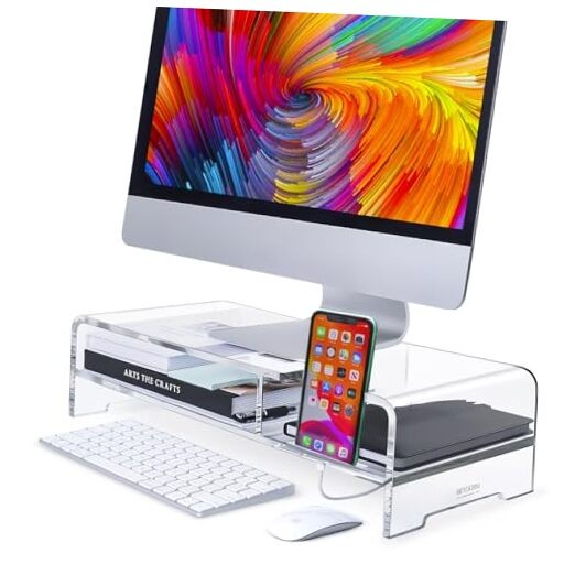Acrylic Monitor Stand for Full Keyboard, 20" Wide 2-Tier Riser with Storage