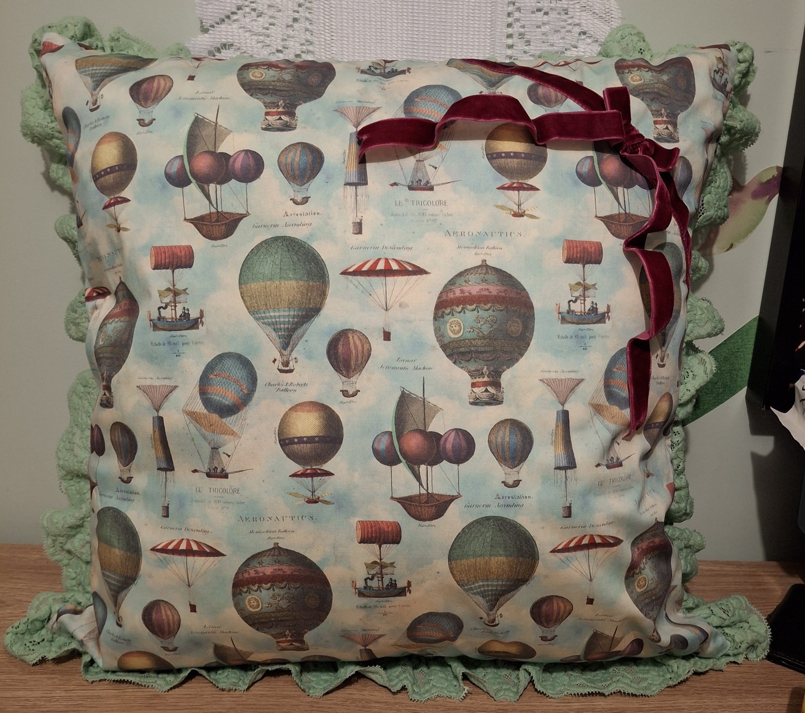 Up, Up & Away Kitten D'amour Cushion with velvet ribbon