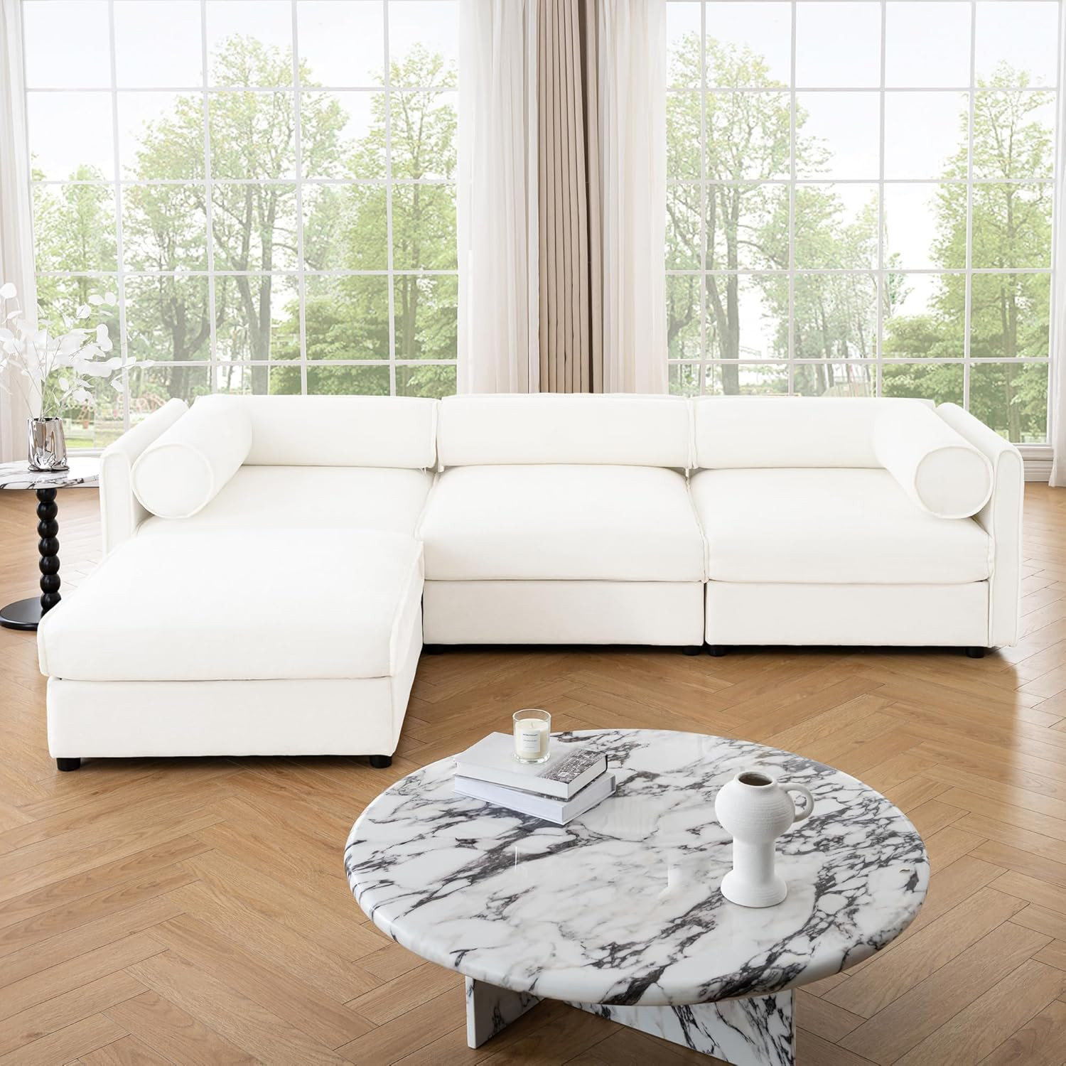 109" L-Shaped Modular Chenille Sectional Sofa with Storage Seat, 1 Ottoman, Mode