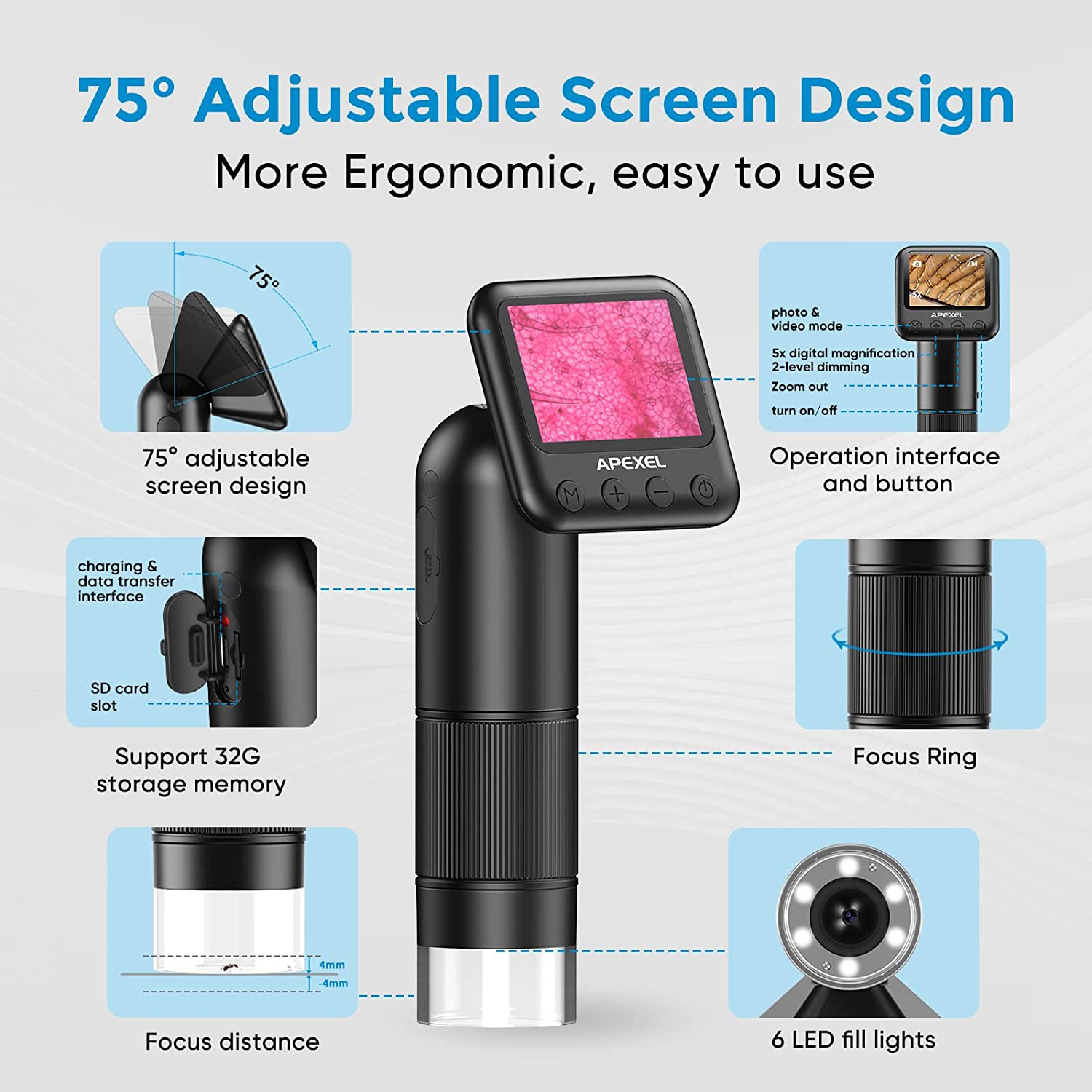 APEXEL 800X Handheld Digital Microscope with 2” LCD Screen, Pocket Portable Micr