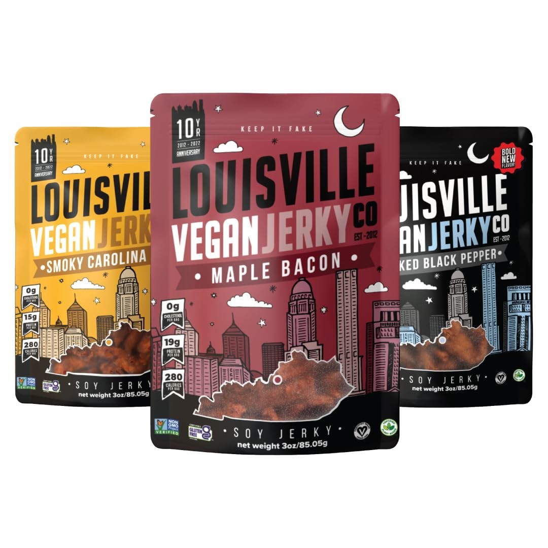 Louisville Vegan Jerky Variety Pack 3 Ounce Pack High Protein Low Fat Snack