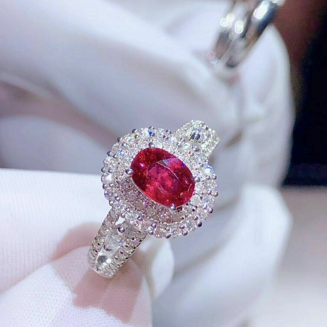 2Ct Lab Created Ruby & Diamond Double Halo Engagement Ring 14K White Gold Over