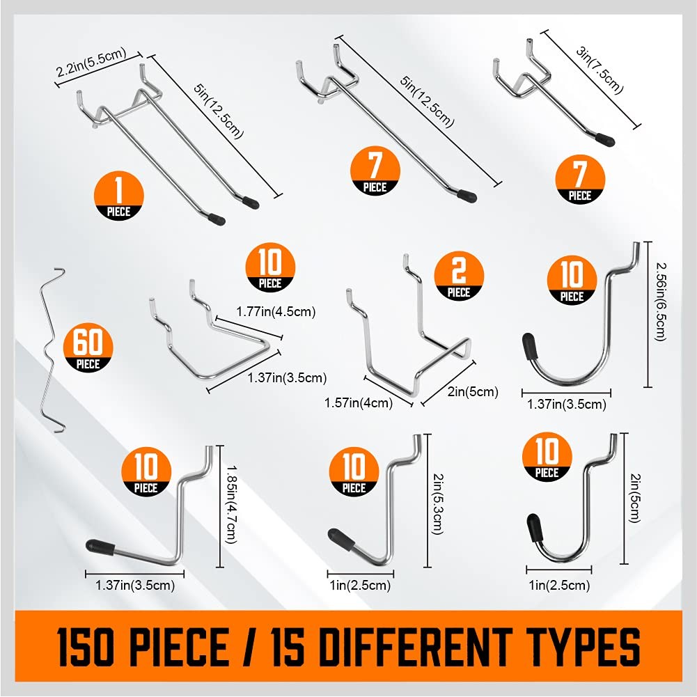 150 PCS Pegboard Hooks Assortment Kit – 15 Types Heavy Duty Pegboard Accessor...