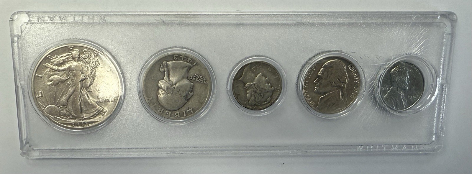1943 Denver Mint 5 Coins 90% Silver Half, Quarter, Dime Steel Penny And 35% WAR