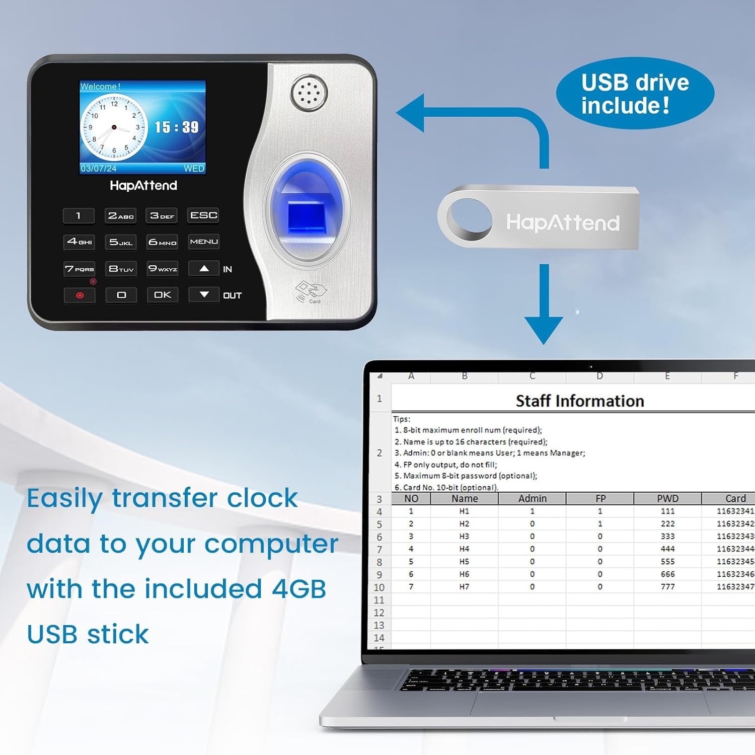 H3 Fingerprint Time Clock, Standalone Auto Hour Calculation, Biometric, + RFID