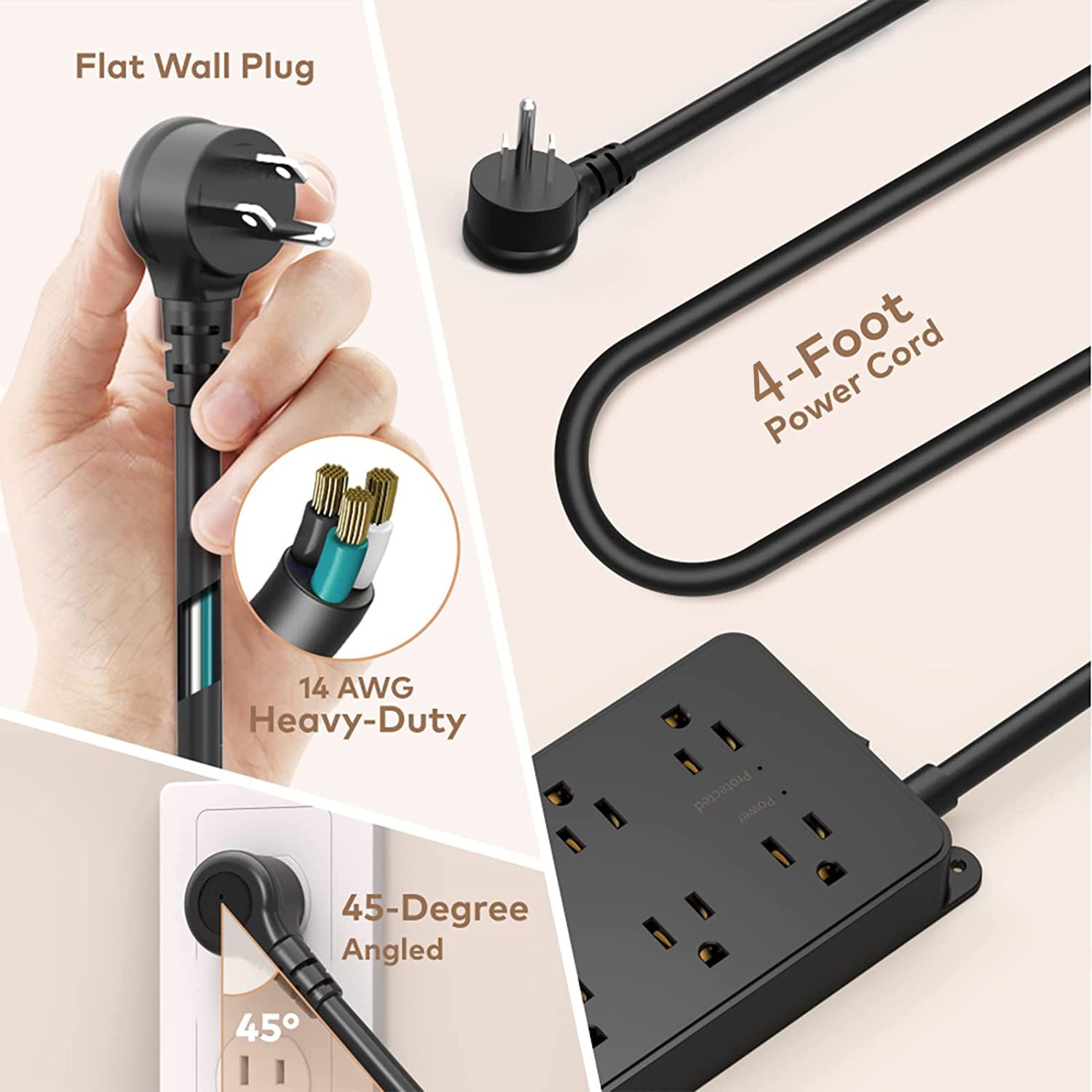 Multi-functional Power Strip Surge Protector, 8 Outlets 4Ft Long Extension Cord