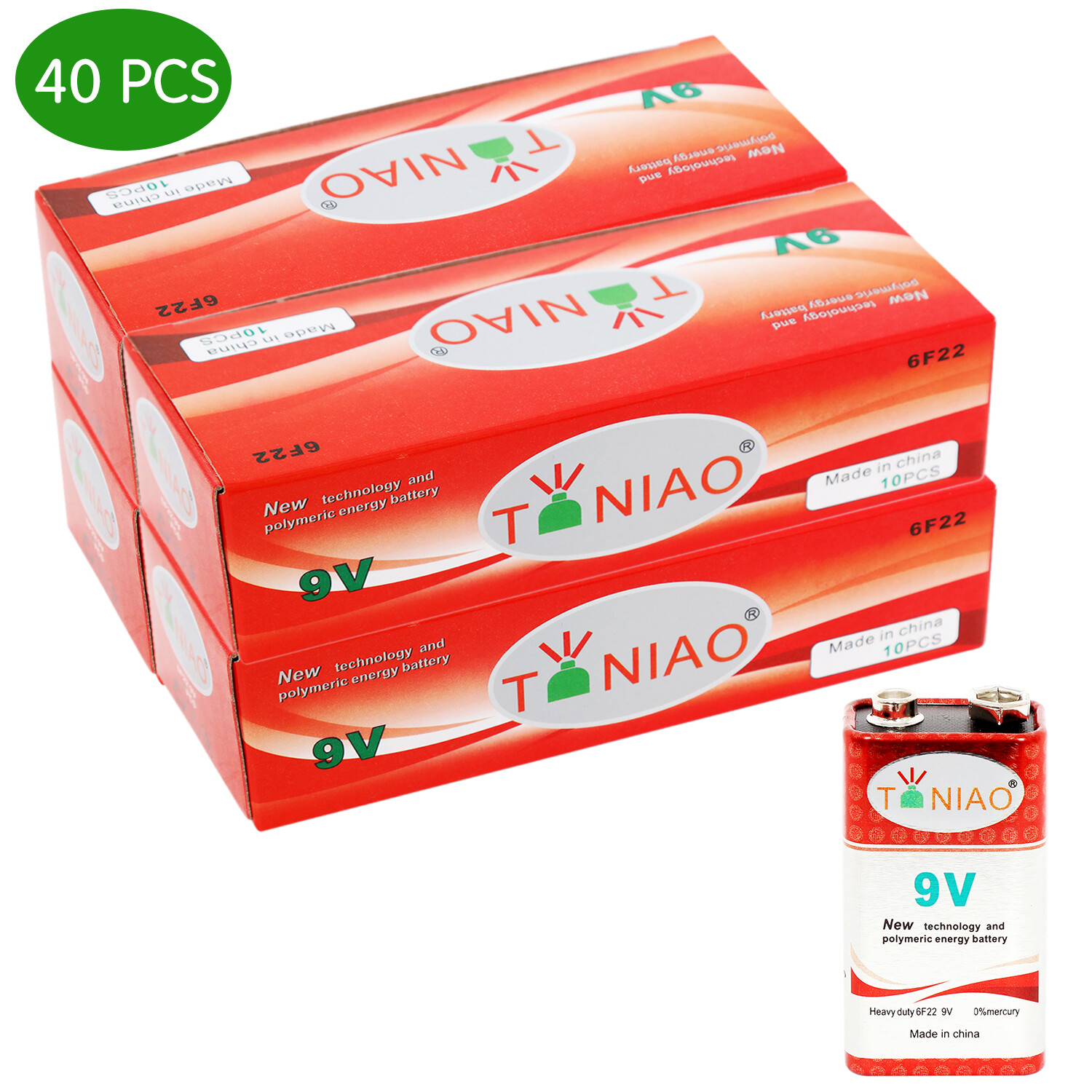 40 PCS 9V 6F22 9 Volts Heavy Duty Zinc Carbon 0% Mercury Battery