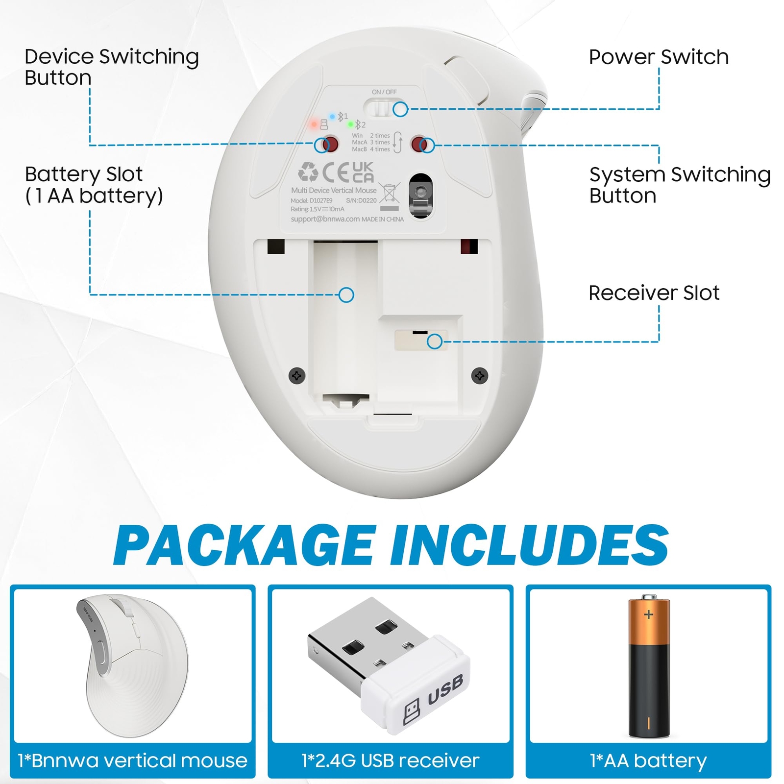 Wireless Vertical Ergonomic Mouse Multi-DeviceBluetooth + 2.4G Connection 4 A...